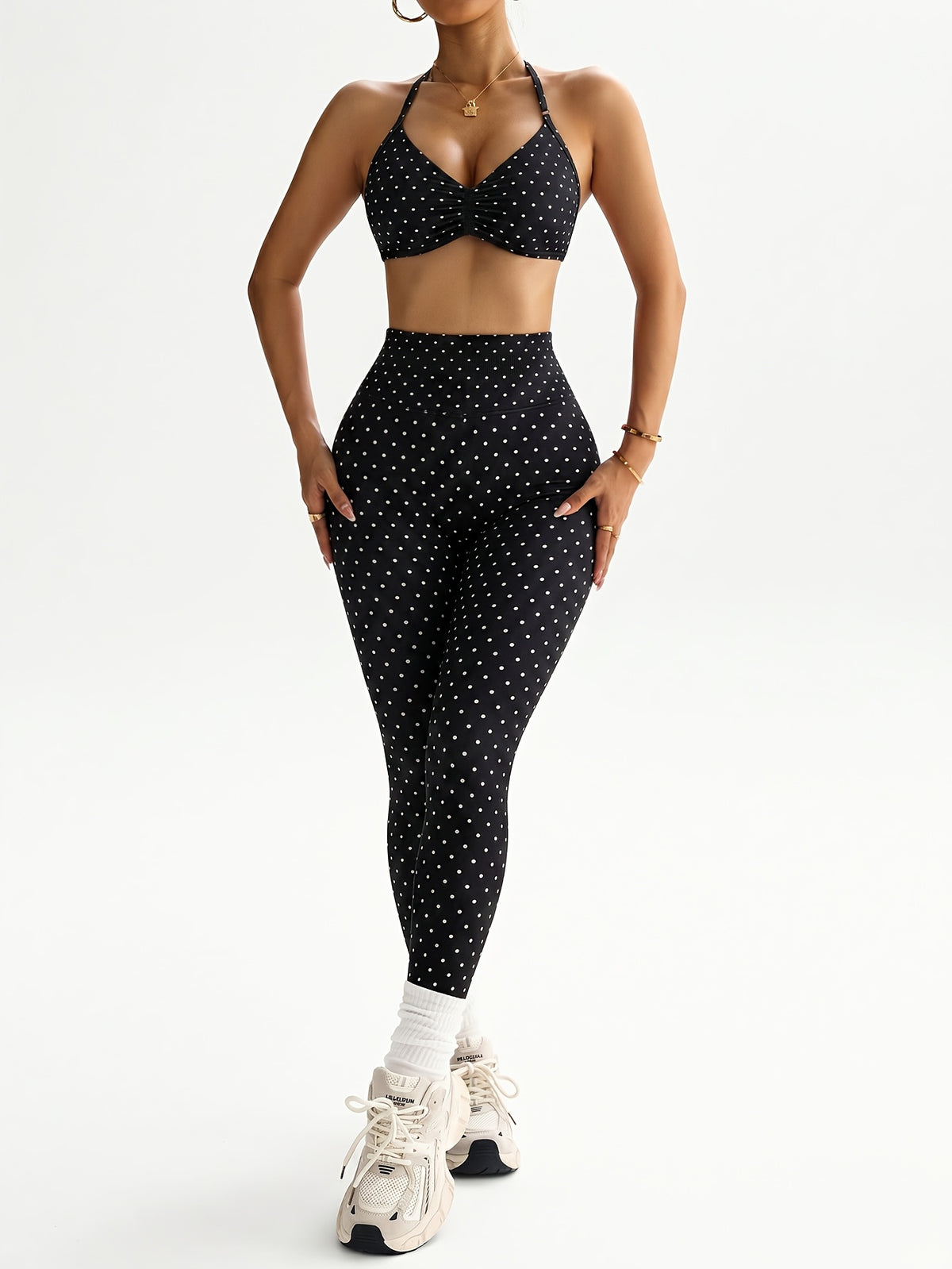 Polka Dot Halter Bra & Leggings Set - Black