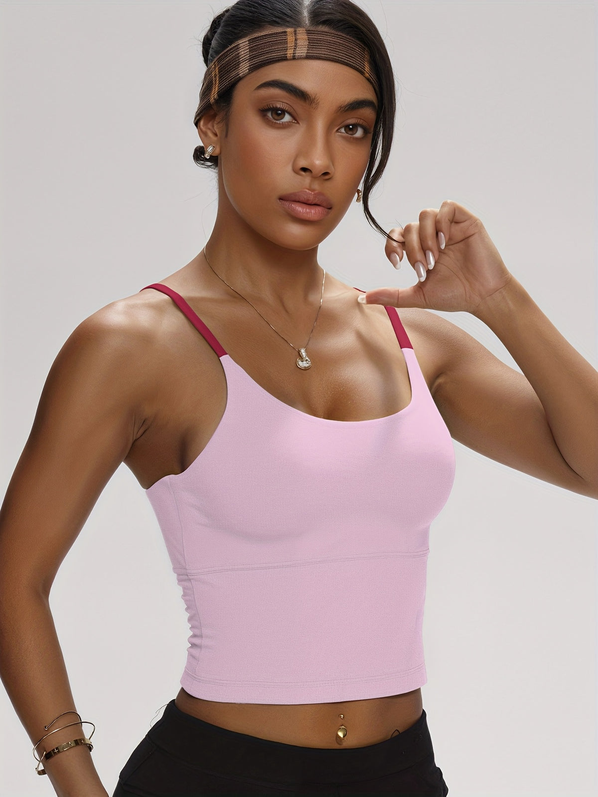 2 Pack Color Block Padded Tank Tops - Pink & Ivory White