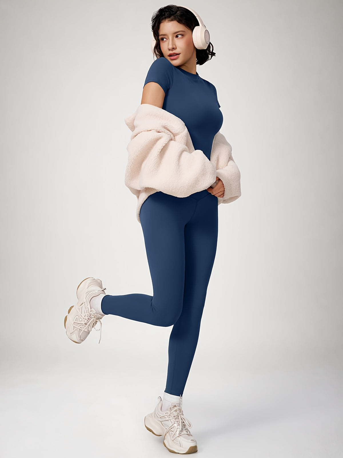 Crew Neck Crop Tee & Leggings Set - Navy