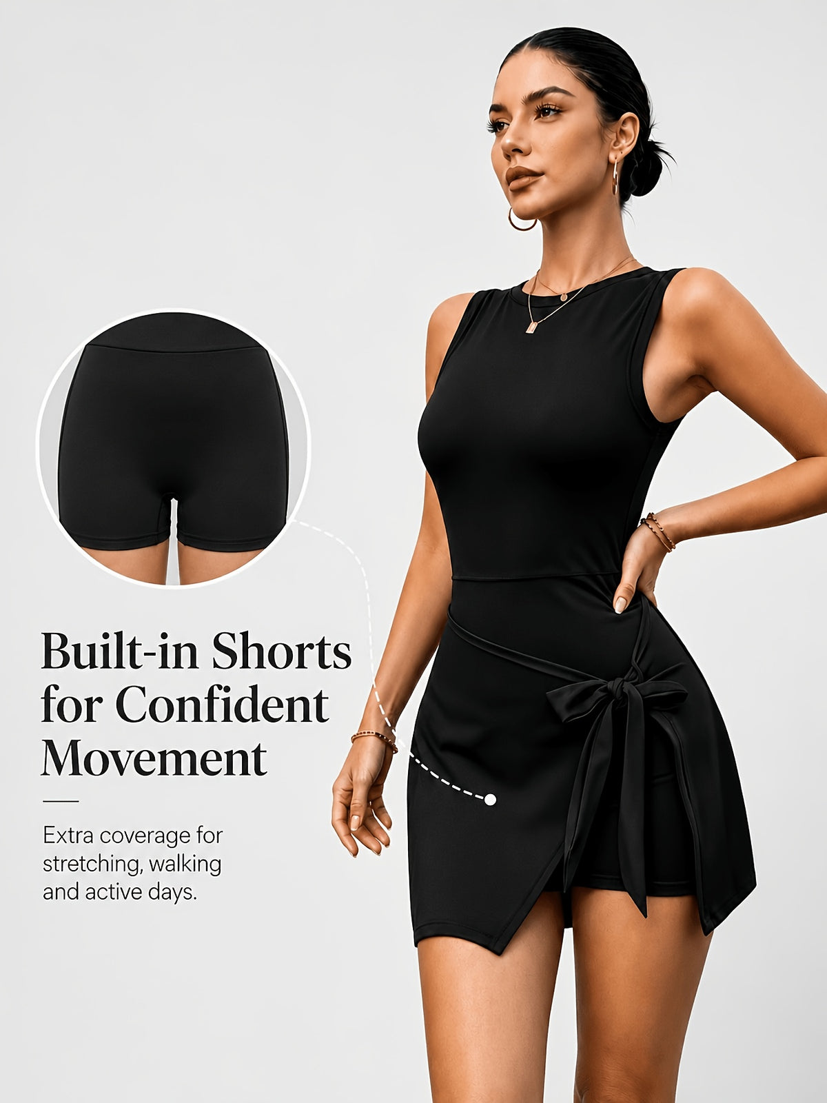2-in-1 Side Tie Wrap Tennis Dress - Black