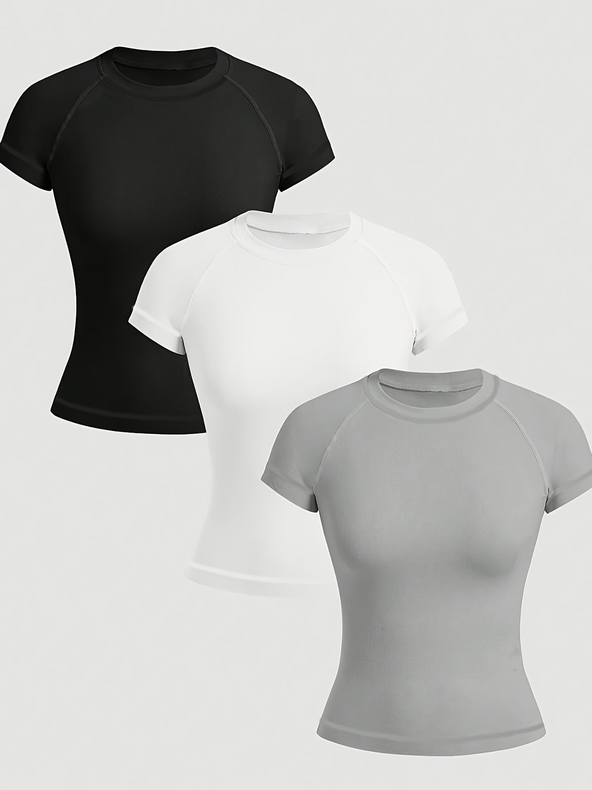 3 Pack Solid Fitted Athletic Tees - Black, White & Light Gray