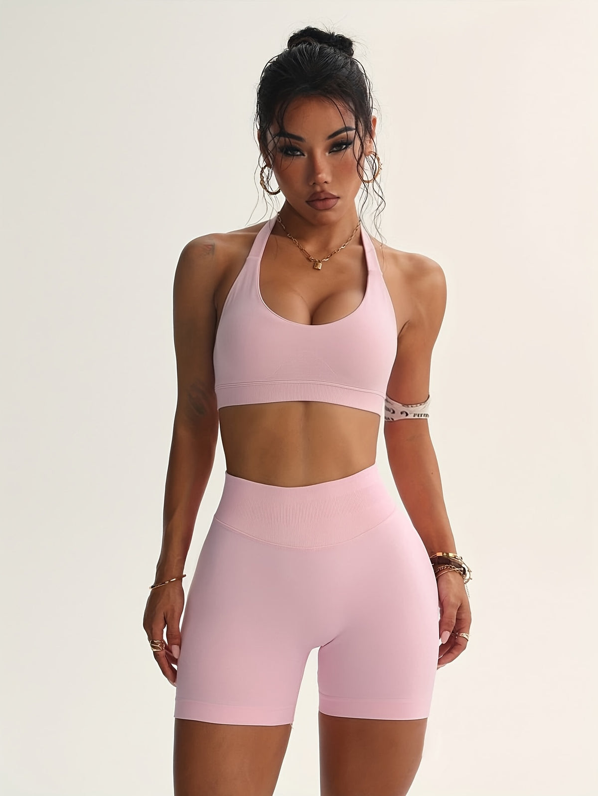 Halter Bra & Scrunch Shorts Set - Light Pink