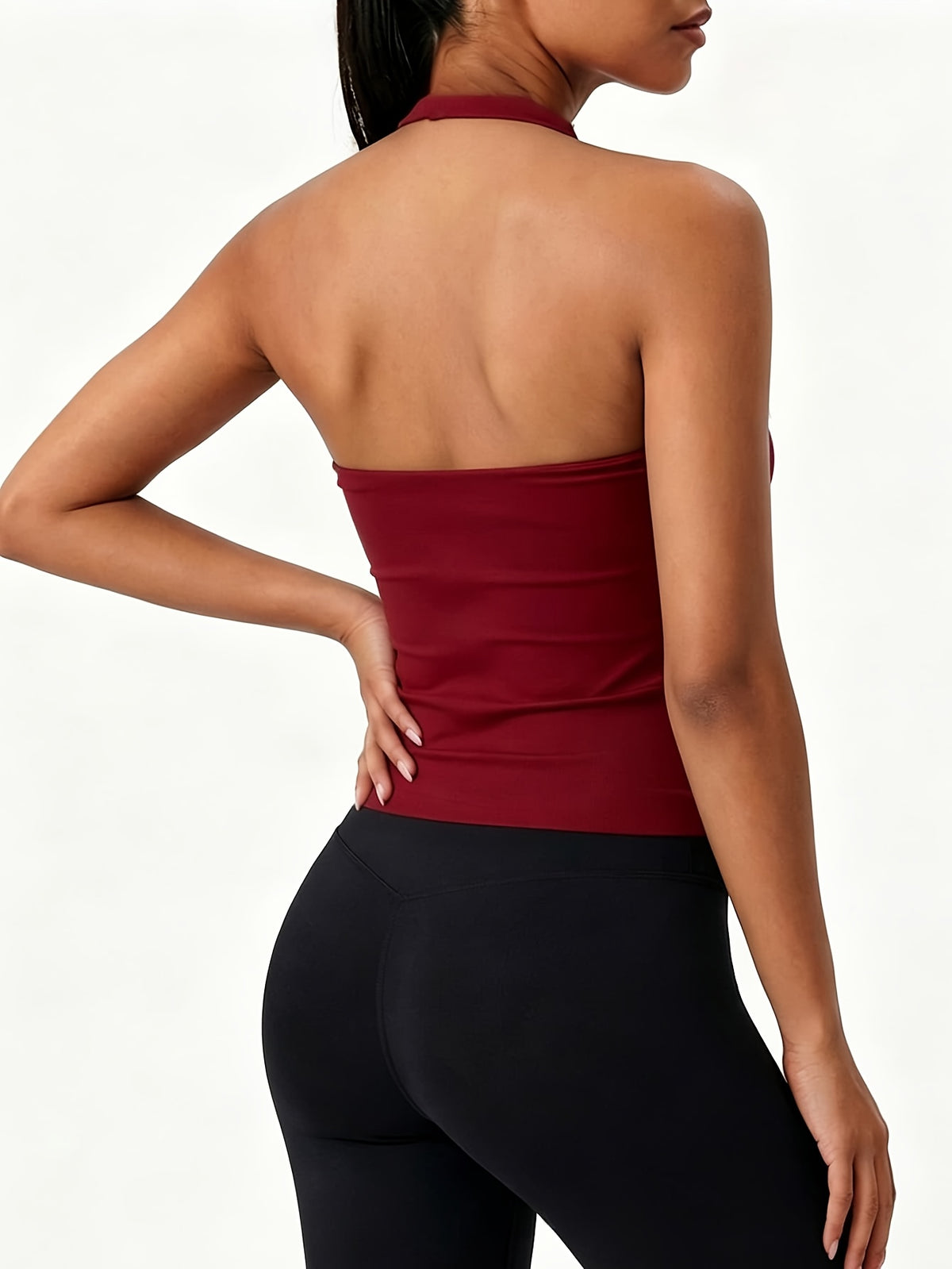 Square Neck Halter Open Back Bra - Brick Red