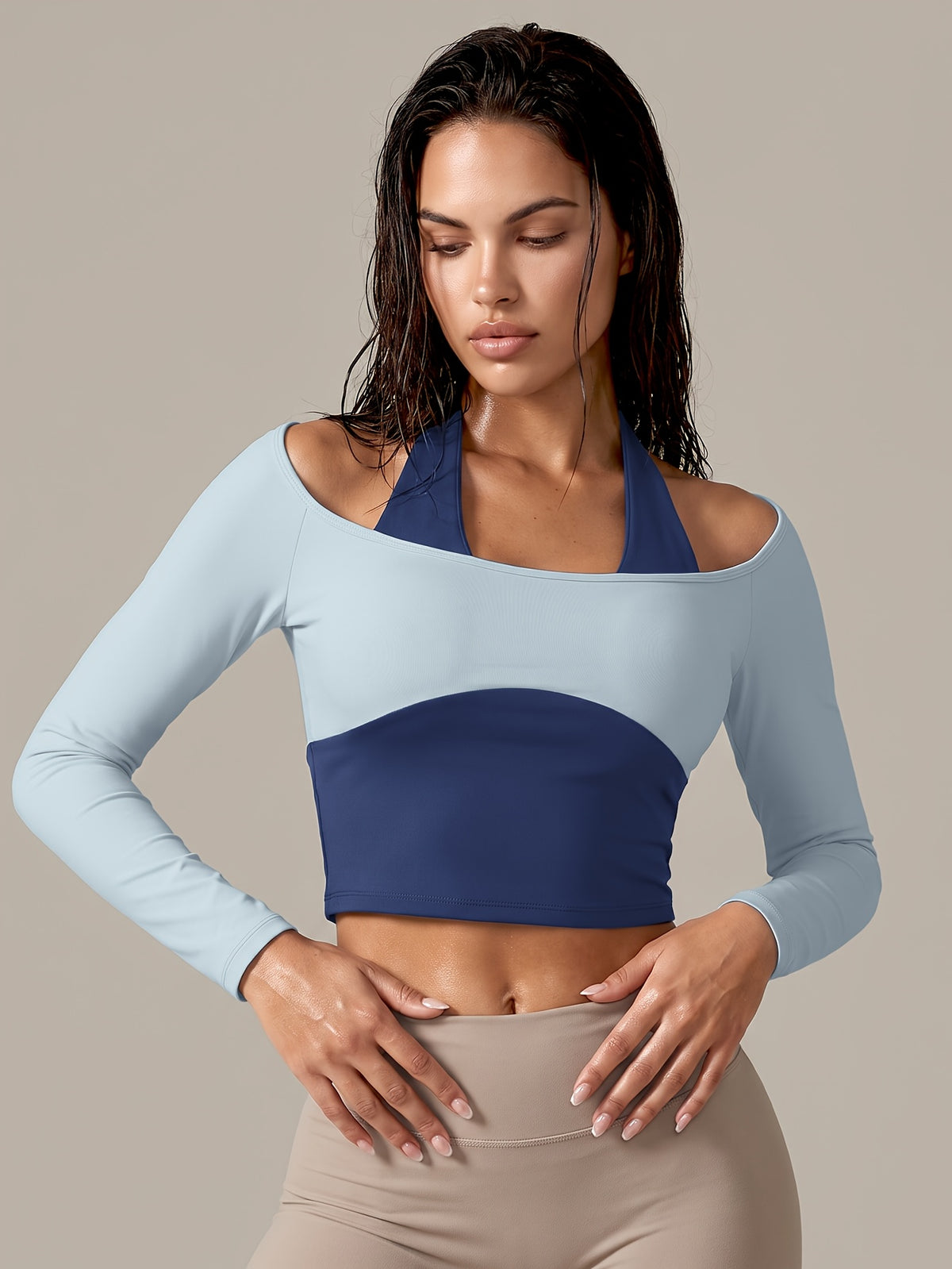 Faux Two-Piece Halter Color Block Top - Blue