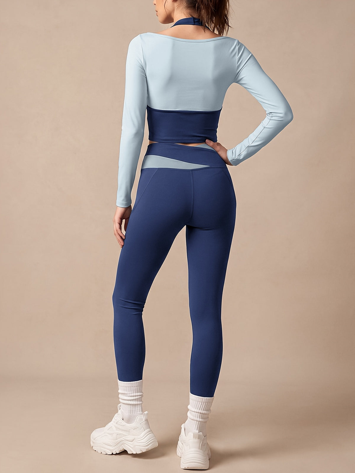Halter Layered Top & Color Block Leggings Set - As Shown