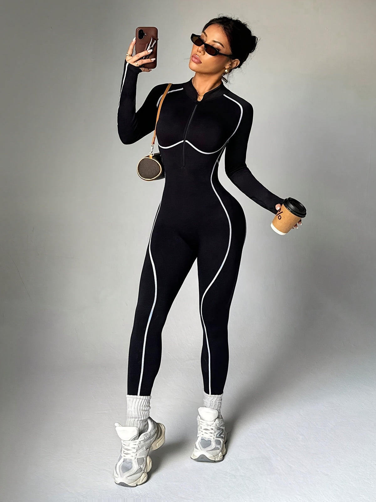 Contrast Piping Zip Jumpsuit - Black
