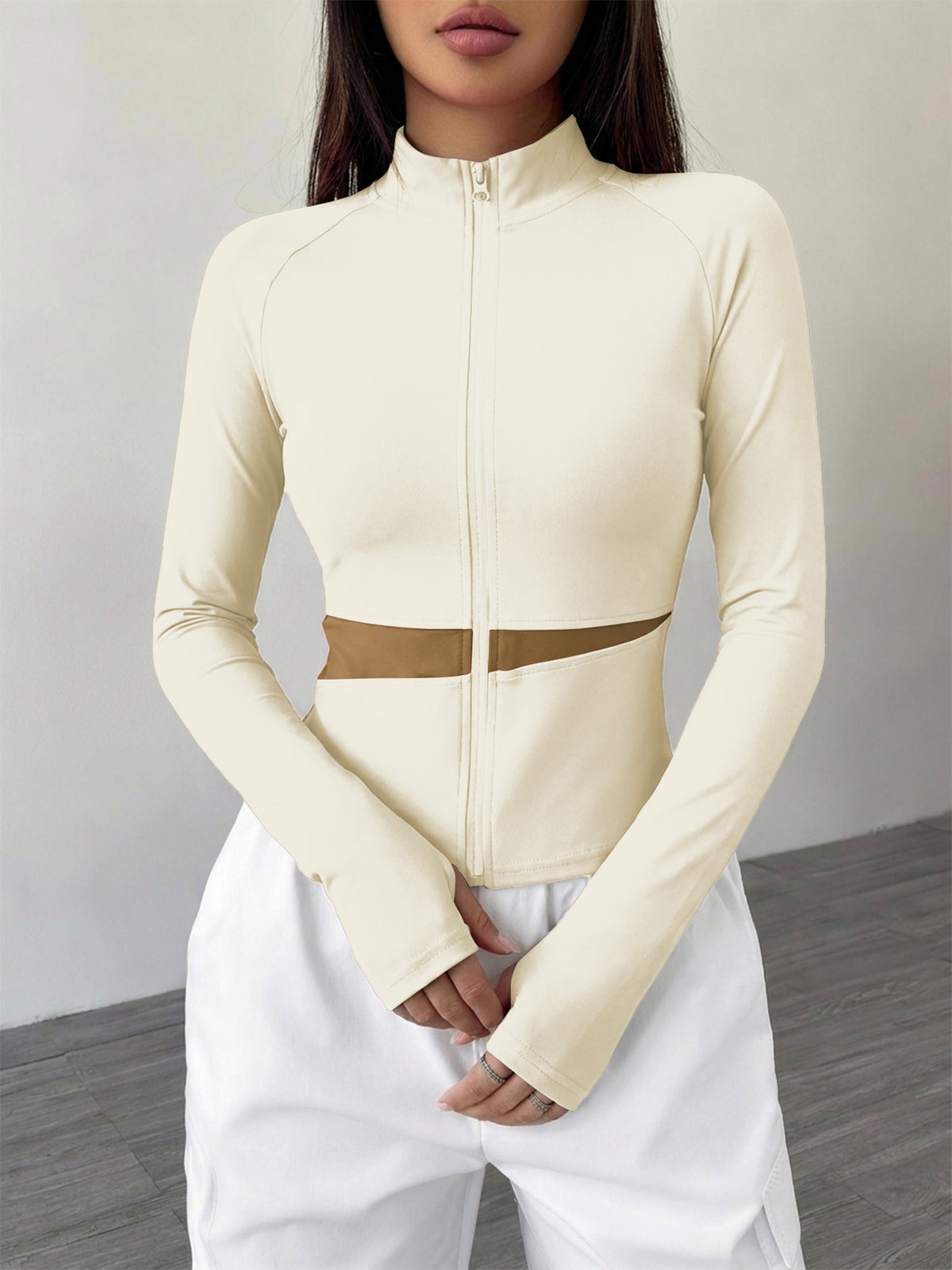 Spliced Full Zip Thumb Loop Top - Ivory White