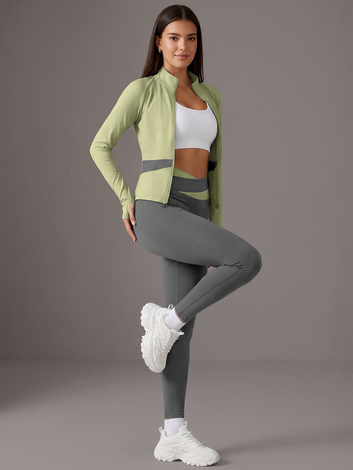 Color Block Cardigan Jacket & Slim Pants Set - Light Green & Grey
