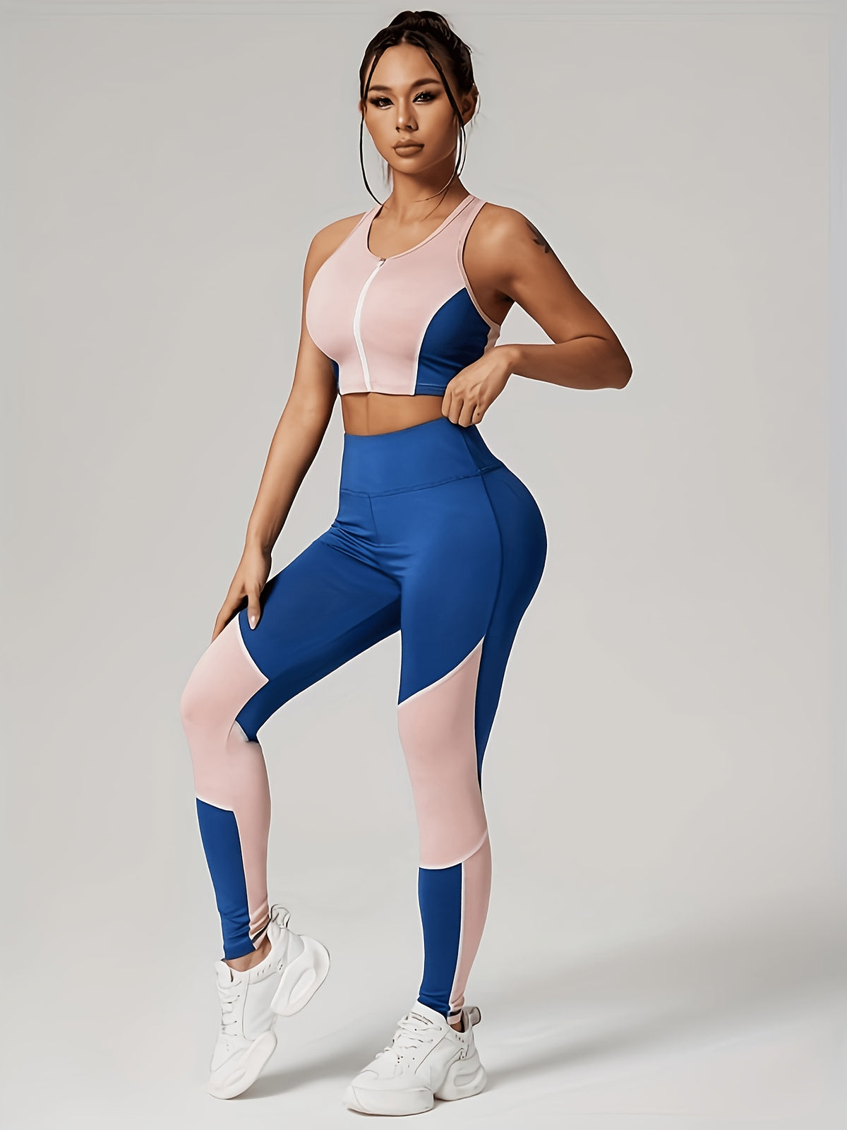 Colour Block Zip Crop Tank & Leggings Set - Blue Pink