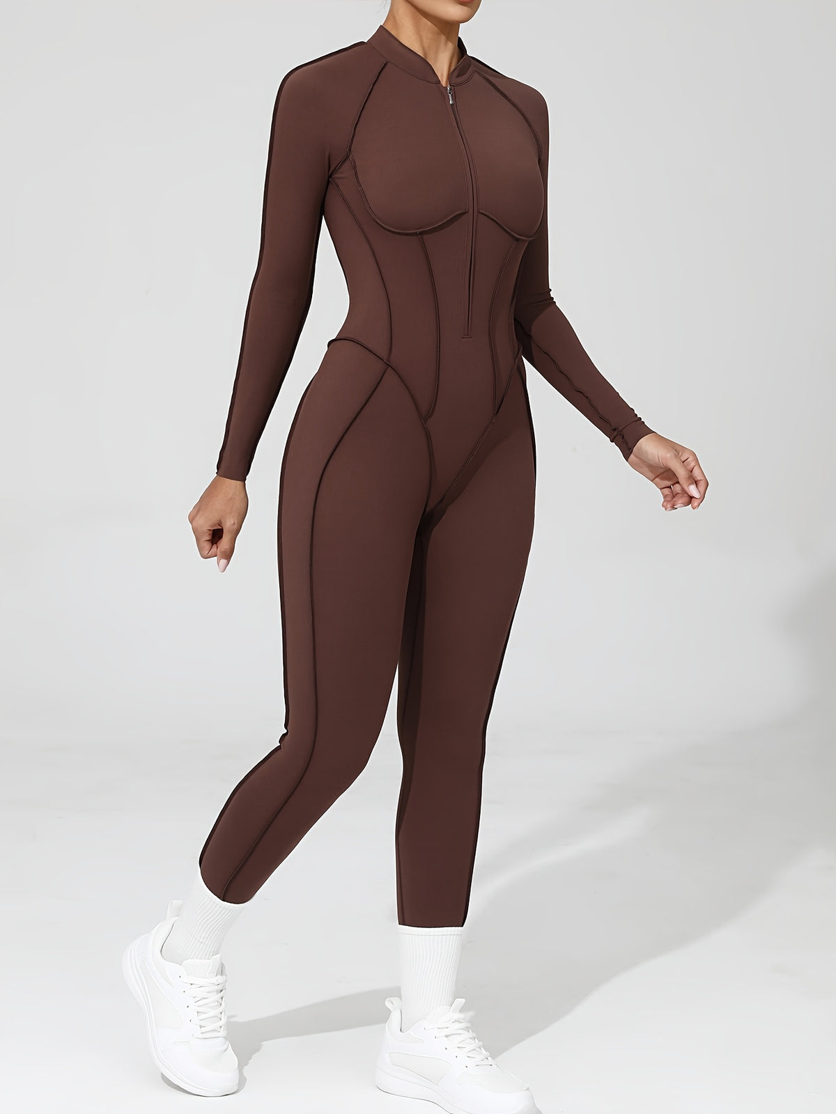 Half Zip Open Back Long Sleeve Jumpsuit - Coffee