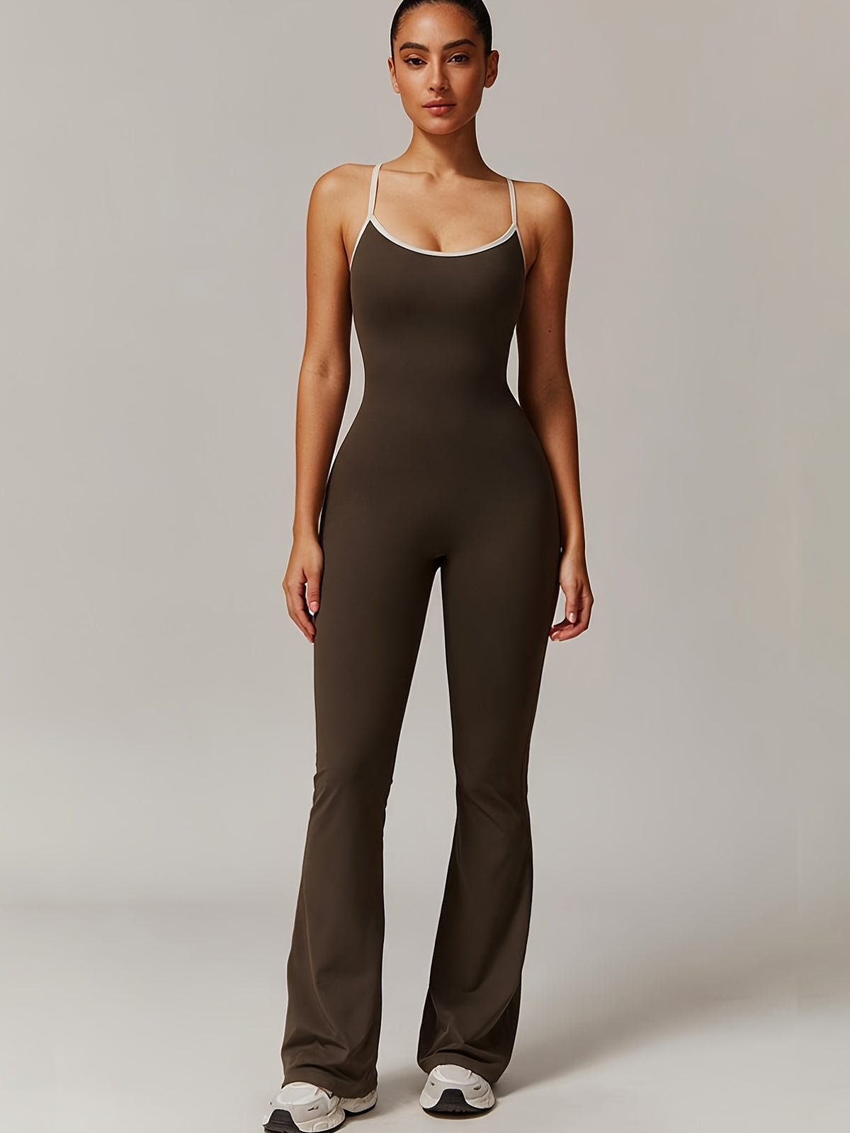 Crisscross Back Ruched Flare Jumpsuit - Coffee
