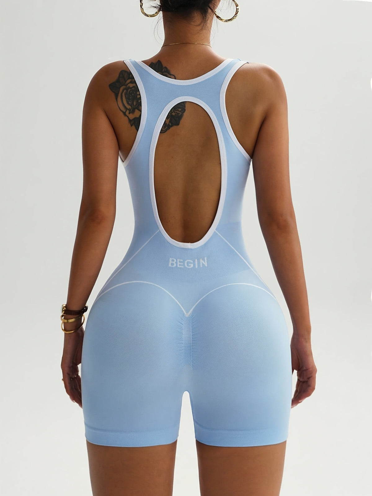 Contrast Trim Cut-Out Back Romper - Light Blue
