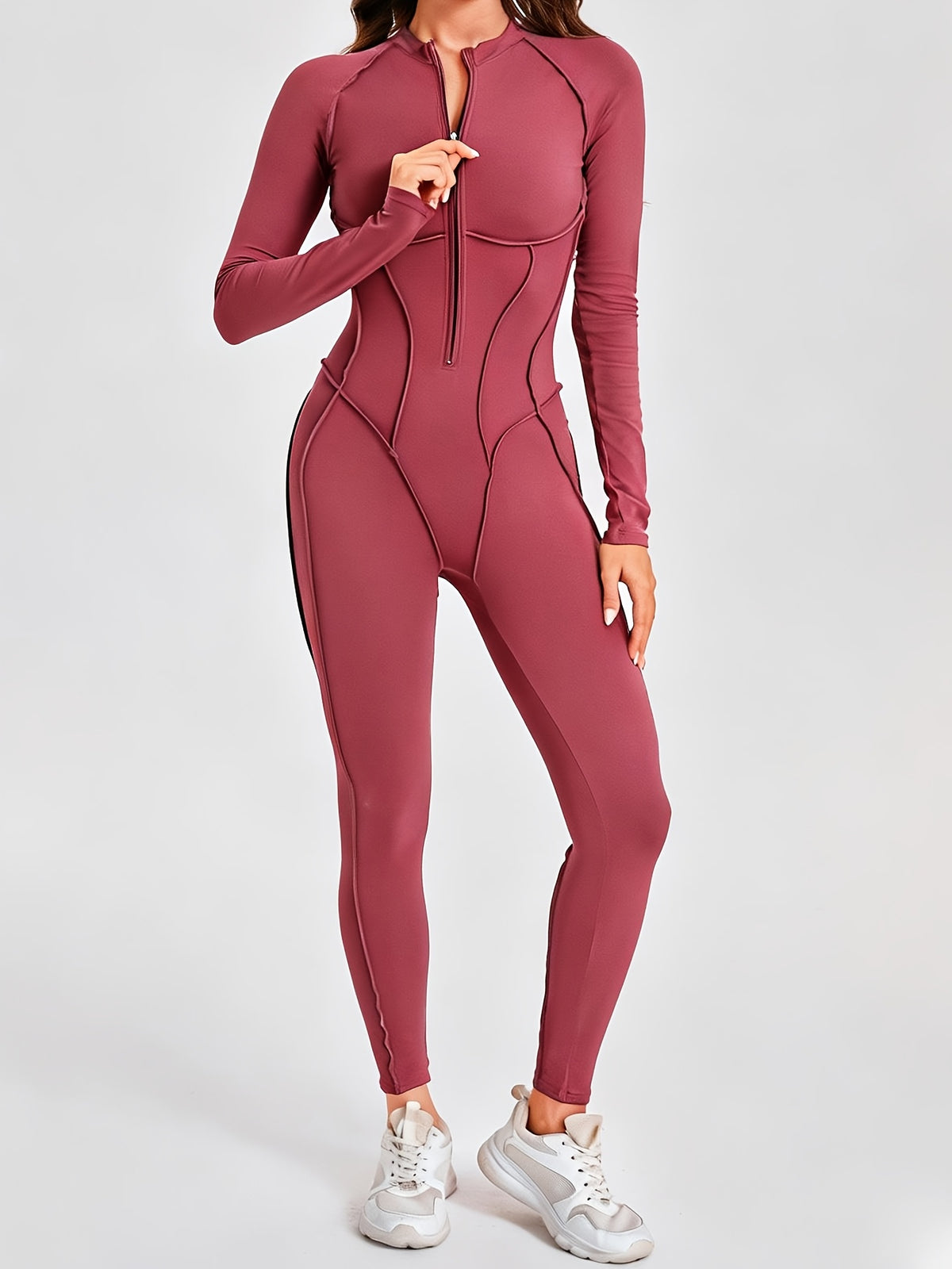 Half Zip Long Sleeve Jumpsuit - Red Bean