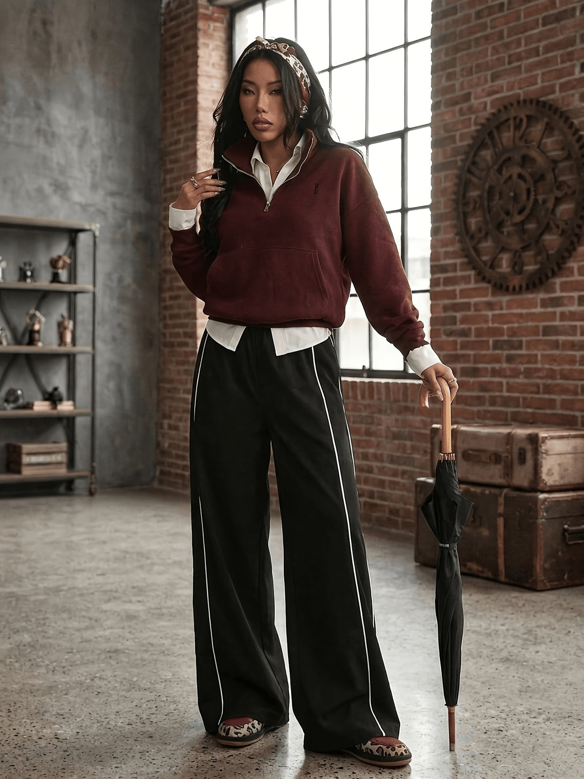 Side Stripe Wide Leg Pants - Black