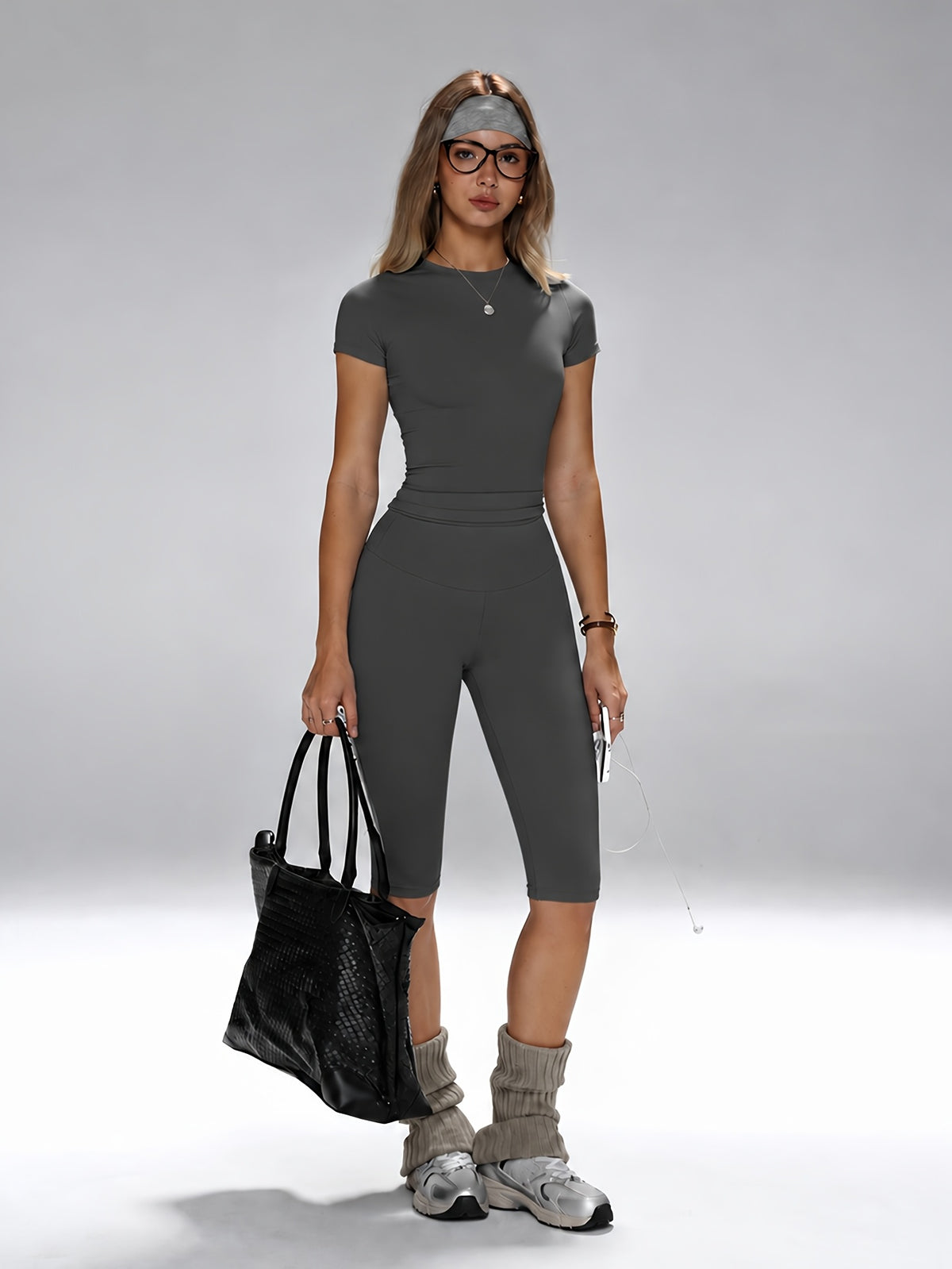Round Neck Tee & Lifting Cropped Pants Set - Dark Gray