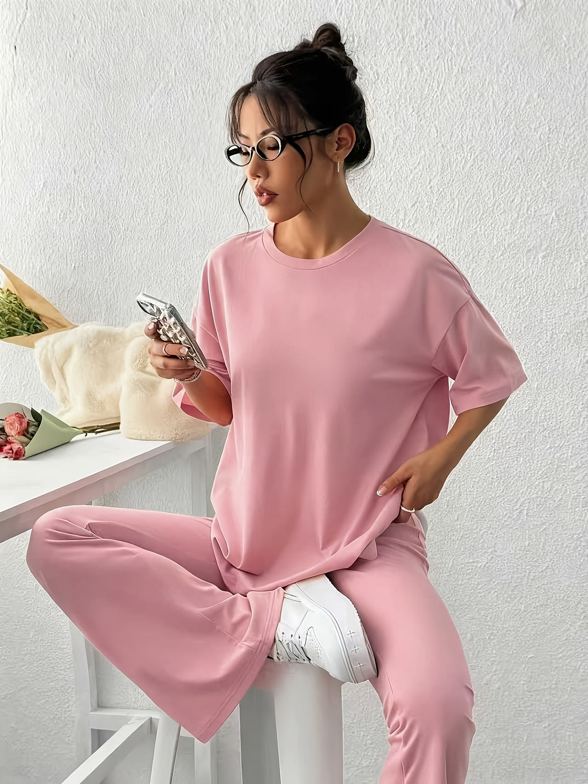 Drop Shoulder Loose Tee 2 Piece Set - Pink