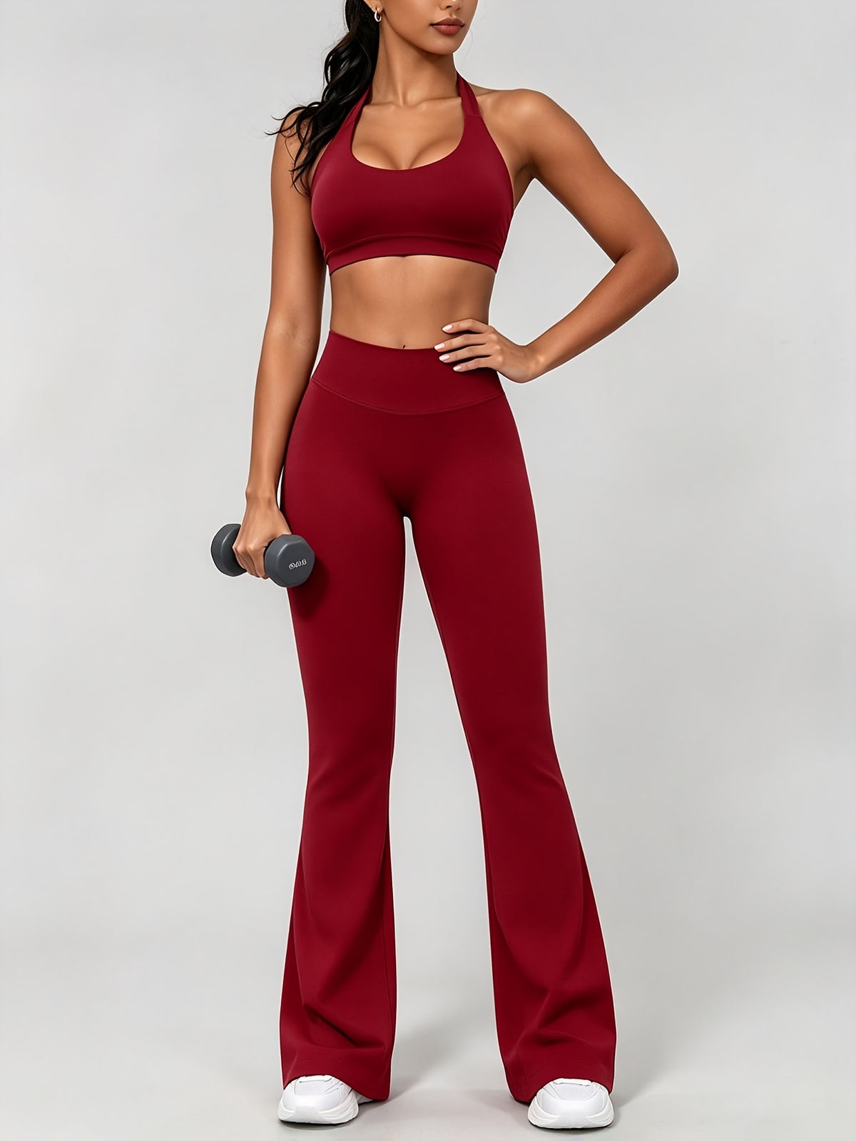 Seamless Halter Bra & Flare Pants Set - Burgundy
