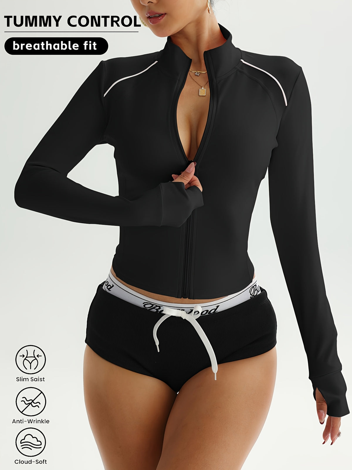 Contrast Stand Collar Zip Jacket - Black