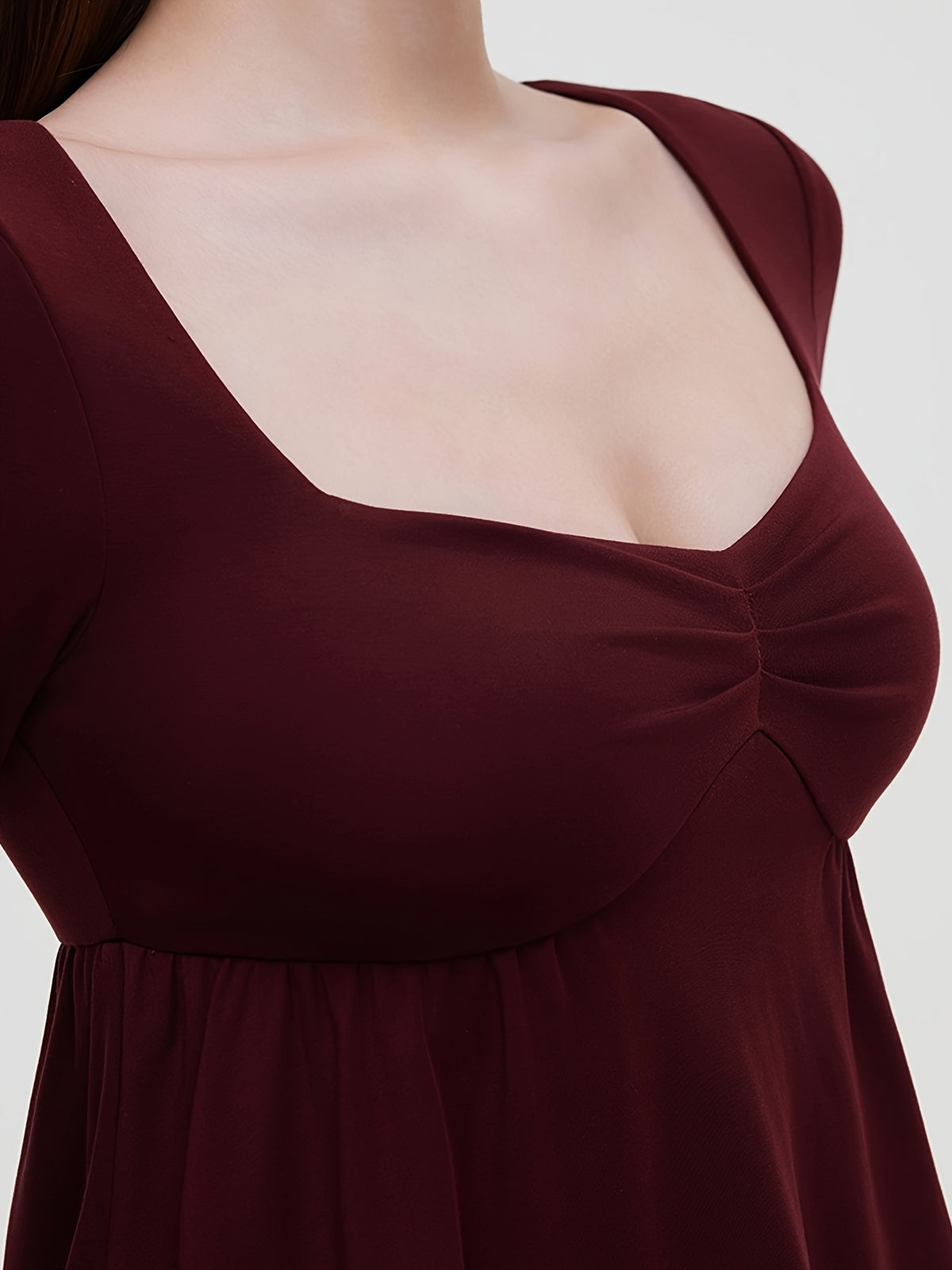 Ruffle Trim Doll Neck Long Sleeve Top - Burgundy
