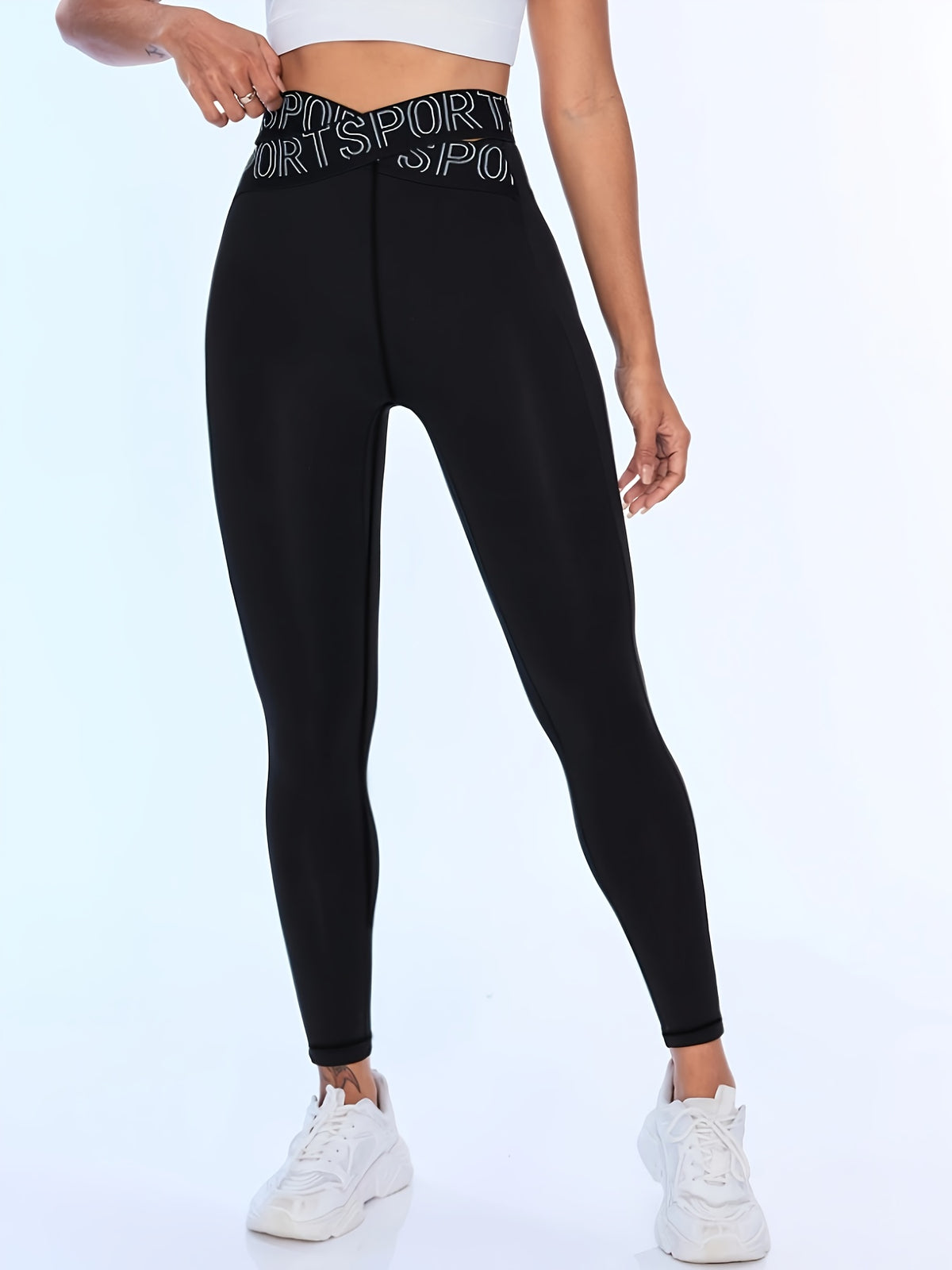 Letter Jacquard Cross Waist Leggings - Black