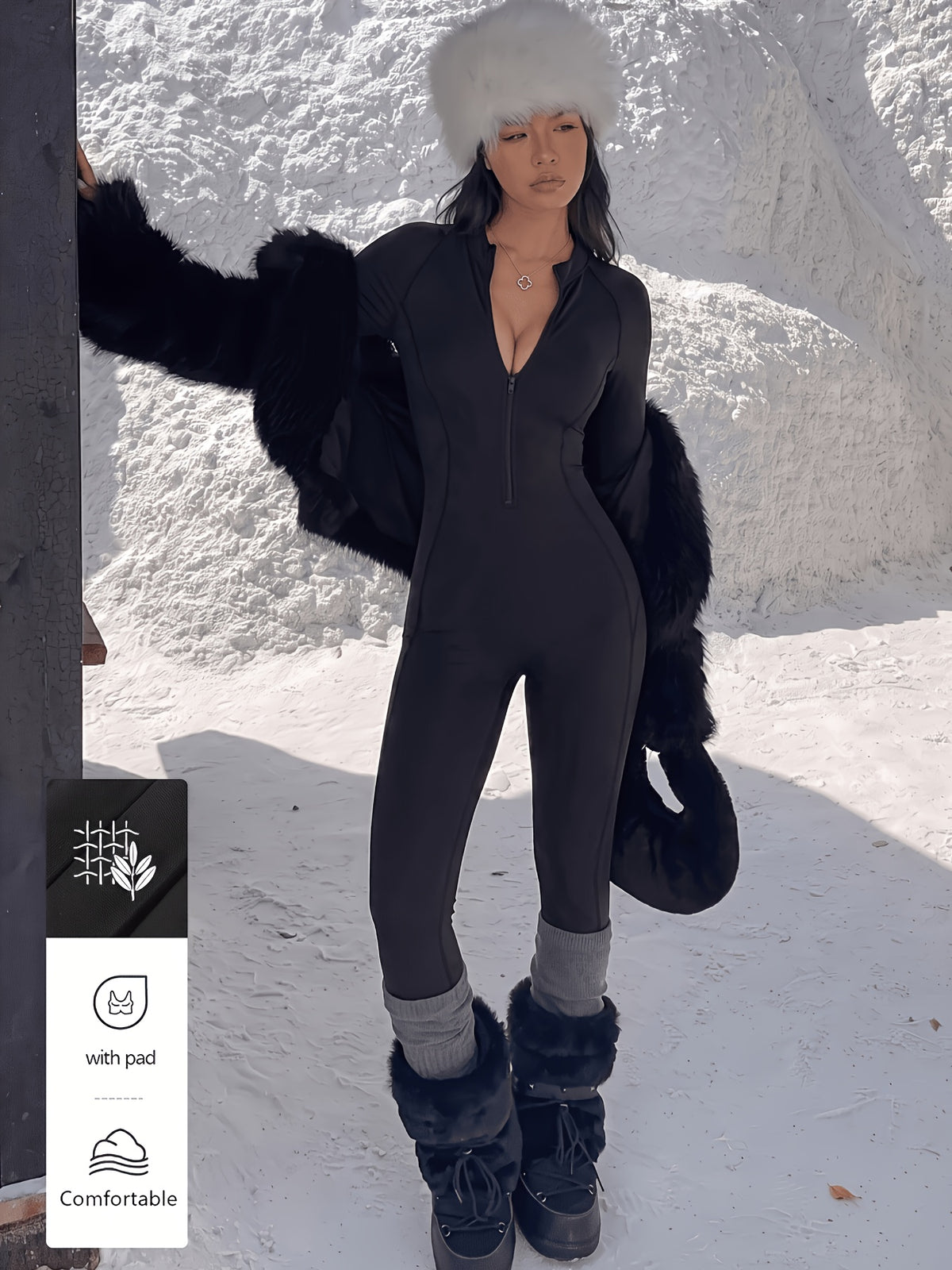 Fleece Lined Stand Collar Zip Jumpsuit - Black