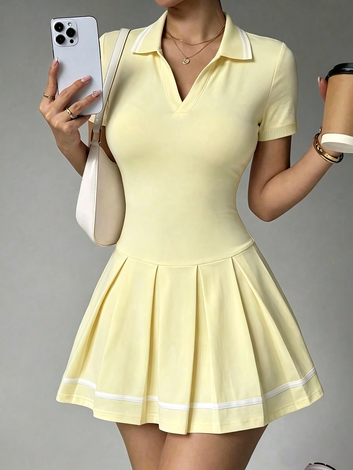 Polo Collar Pleated Tennis Dress - Light Yellow