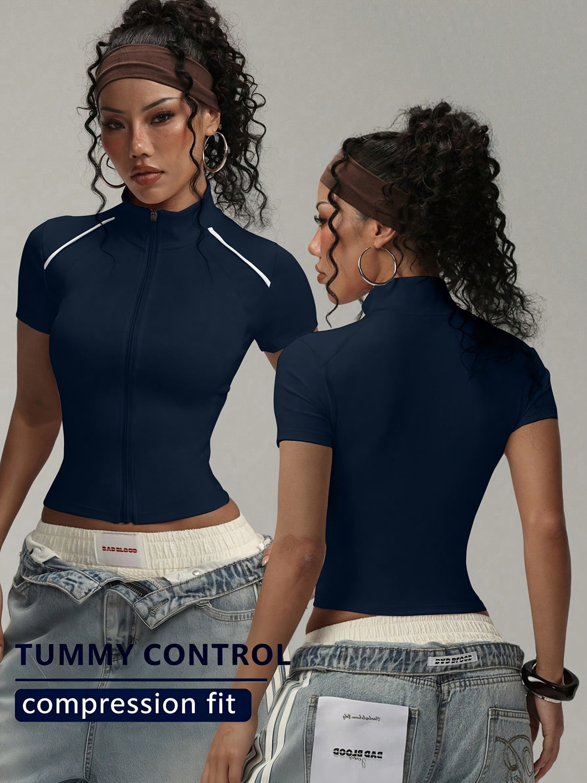 Short Sleeve Zip Top - Navy