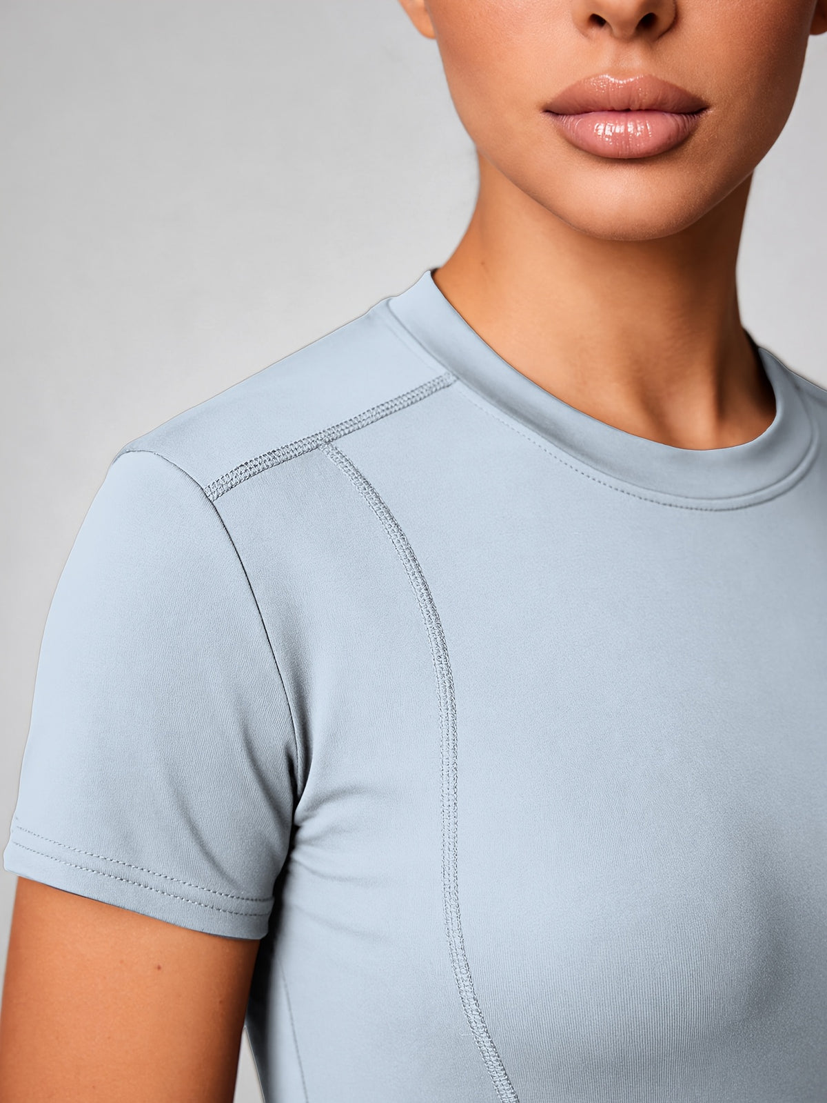 Quick-Dry Round Neck Yoga Tee - Azure