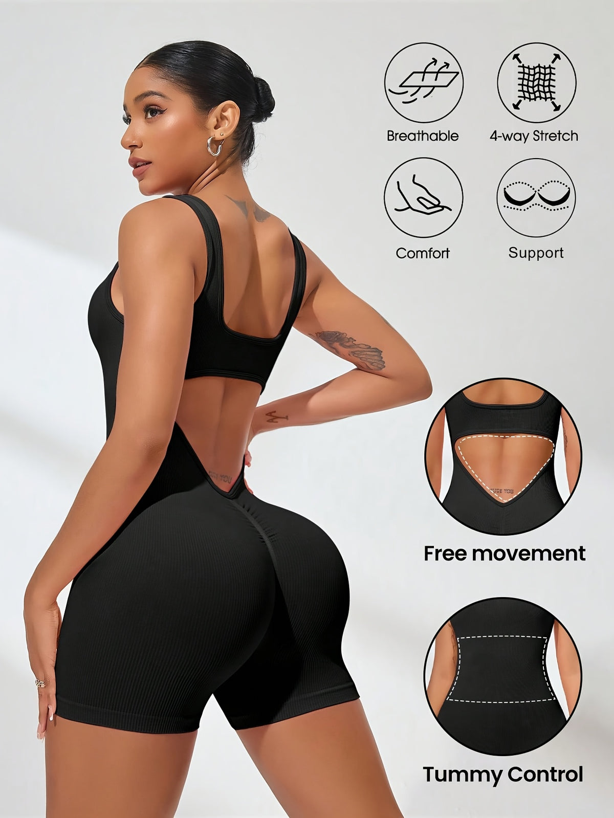 Ribbed Scoop Back Shorts Bodysuit - Black