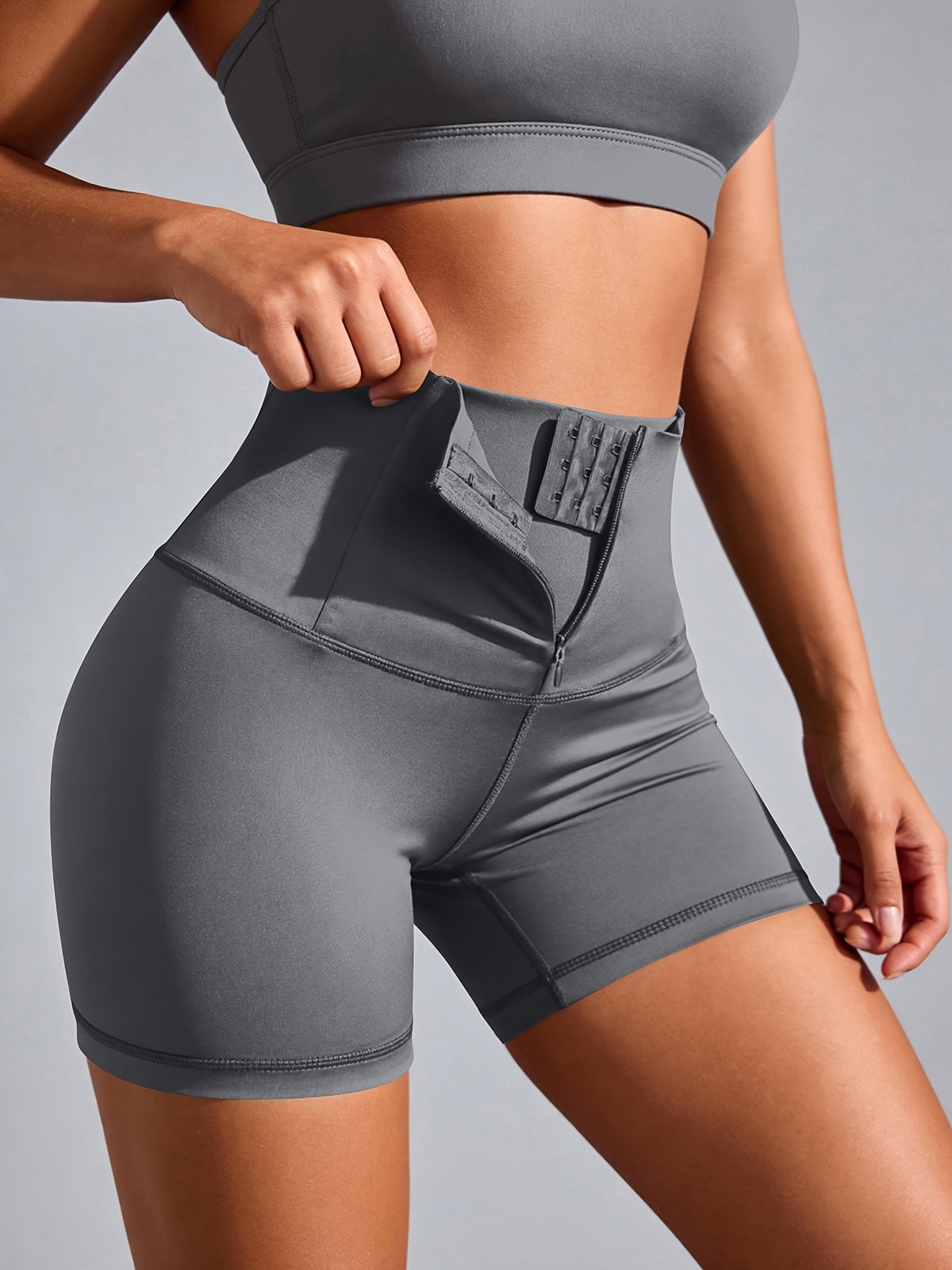 Front Zip Buckle Sculpt Shorts - Grey