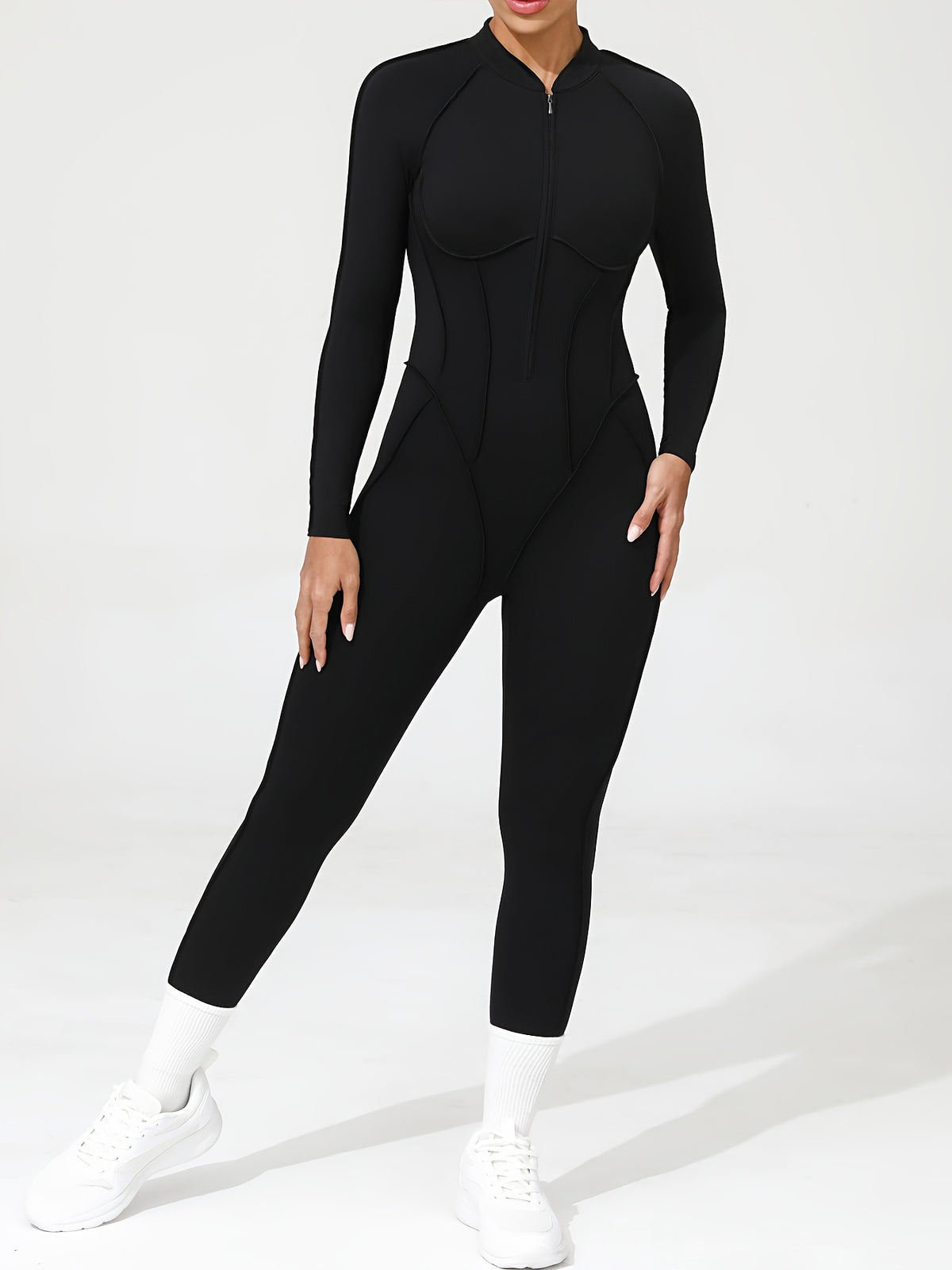 Half Zip Open Back Long Sleeve Jumpsuit - Black