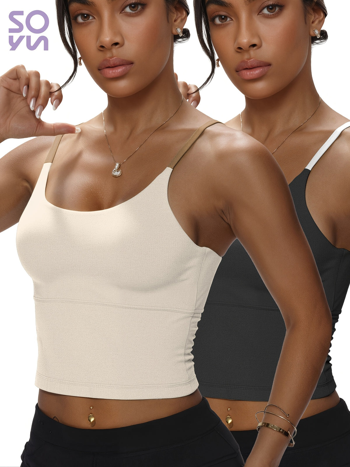 2 Pack Color Block Padded Tank Tops - Black & Ivory White