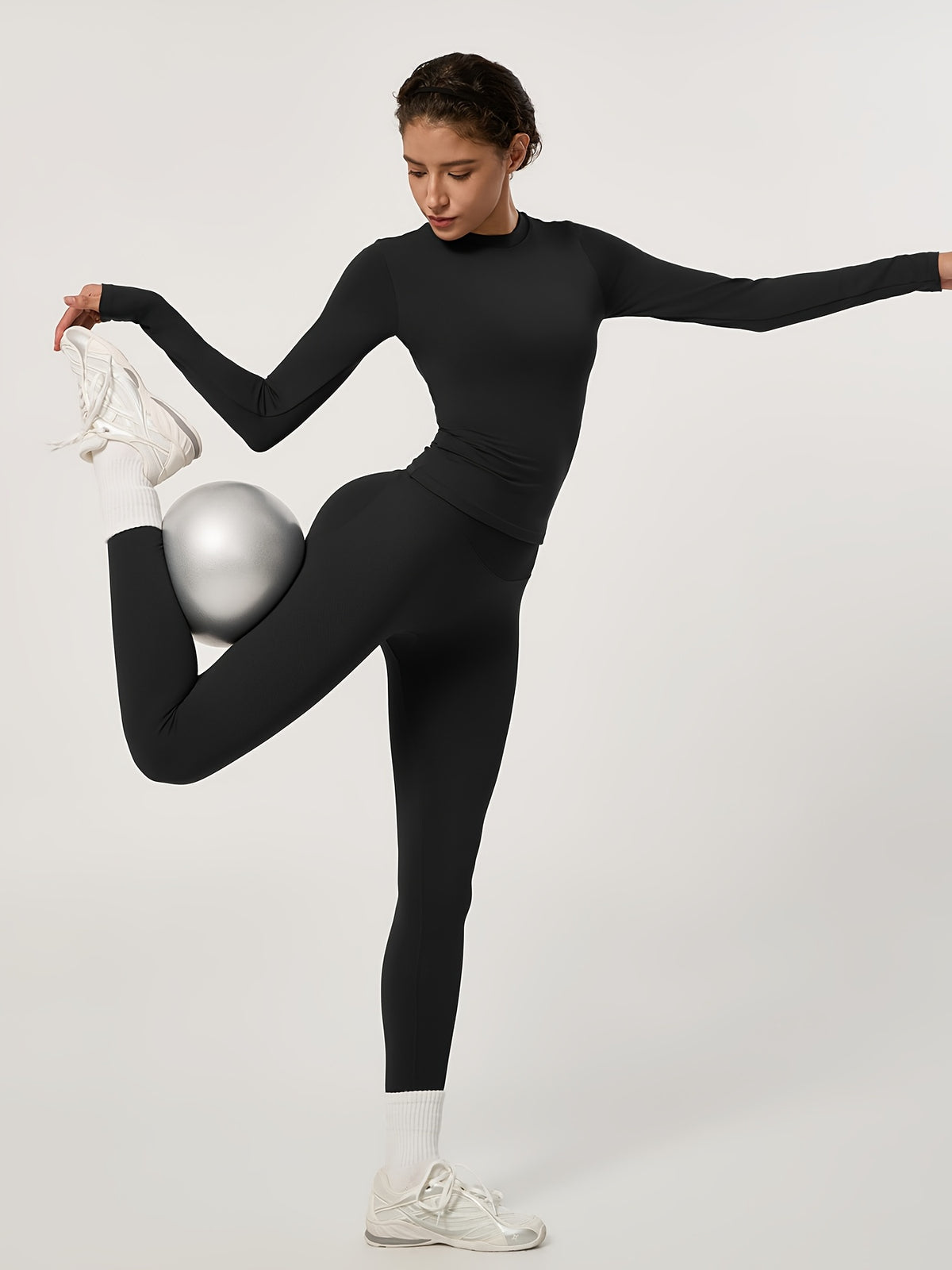 Long Sleeve Top & Seamless Leggings Set - Black