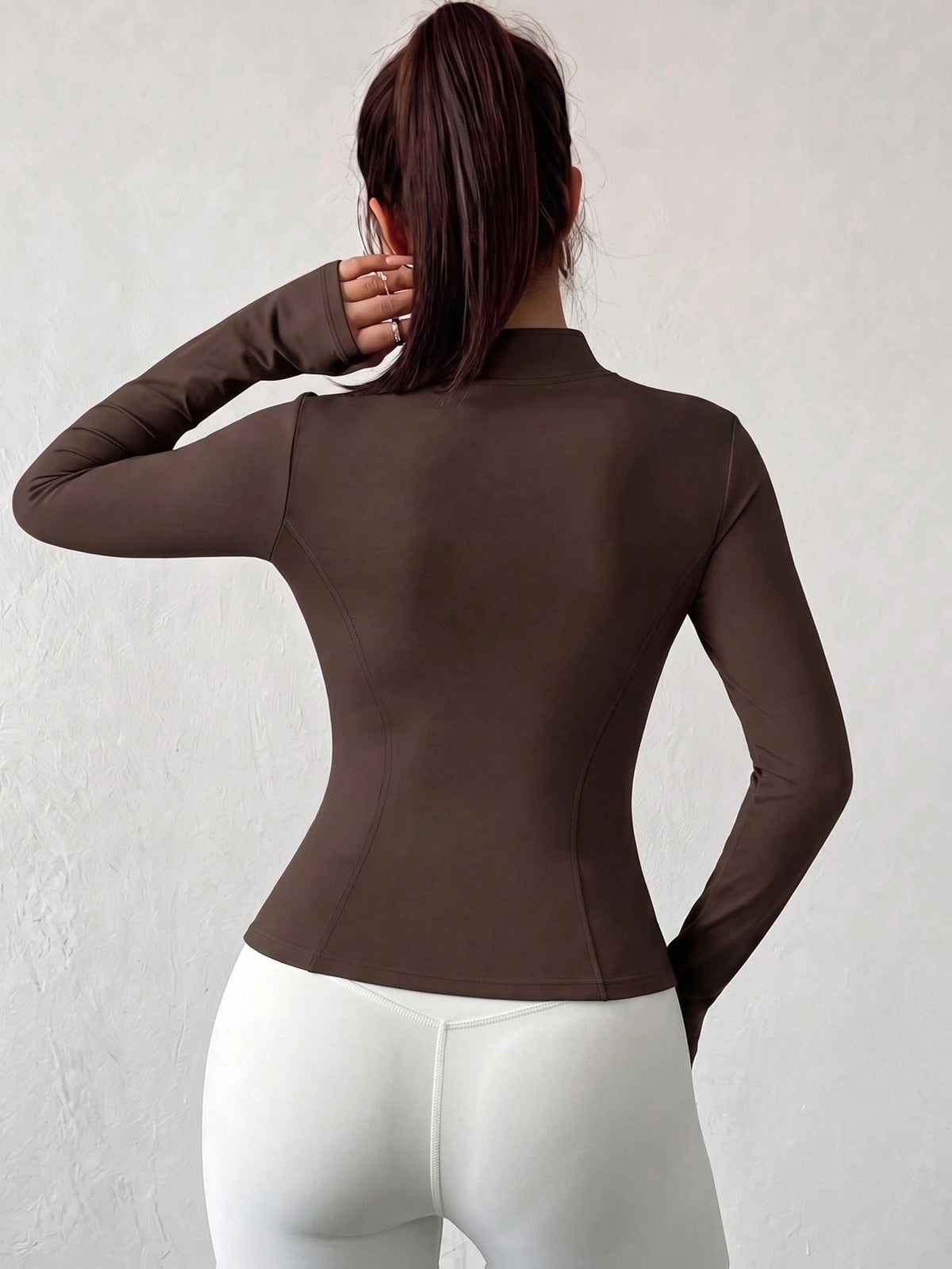 High Neck Thumbhole Zip Jacket - Coffee
