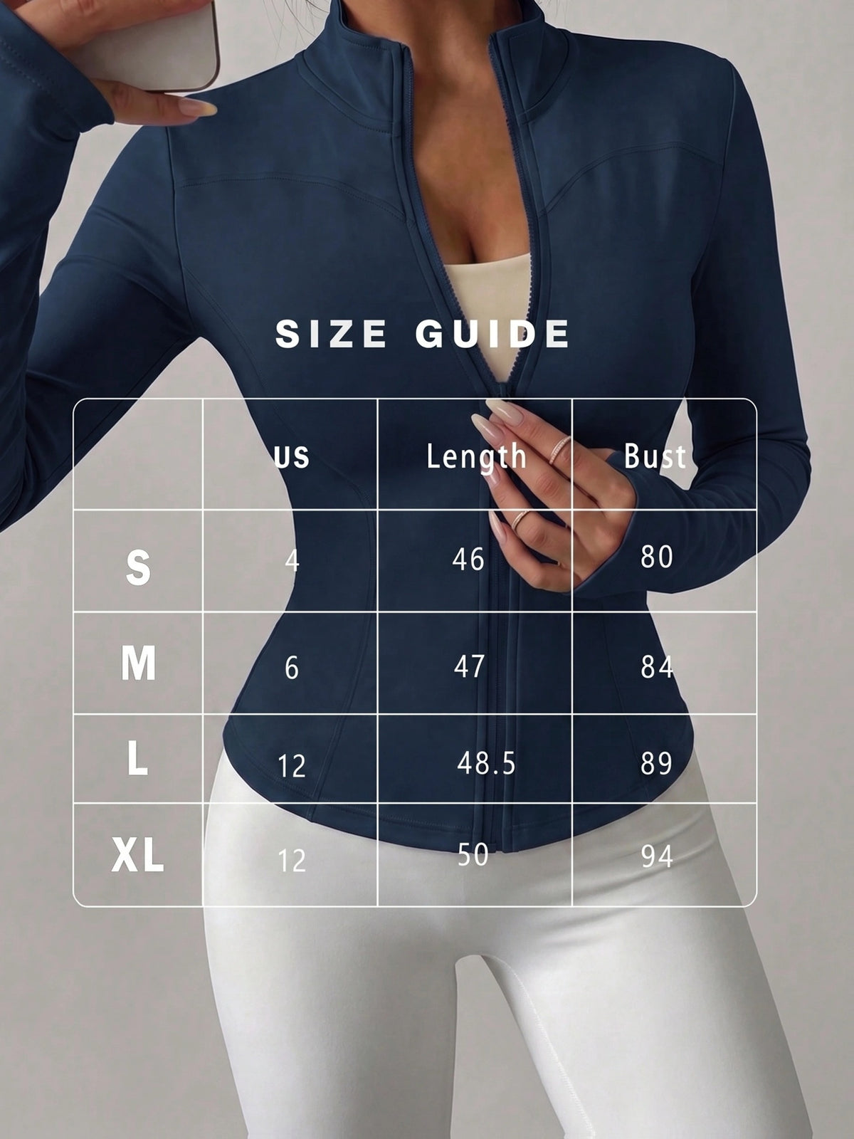 High Neck Thumbhole Zip Jacket - Navy