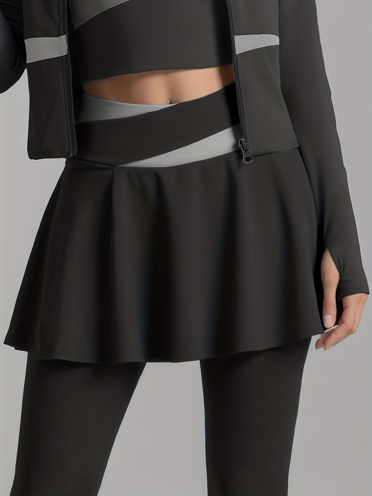 Colour Block Jacket & Skort 3 Piece Set - Black