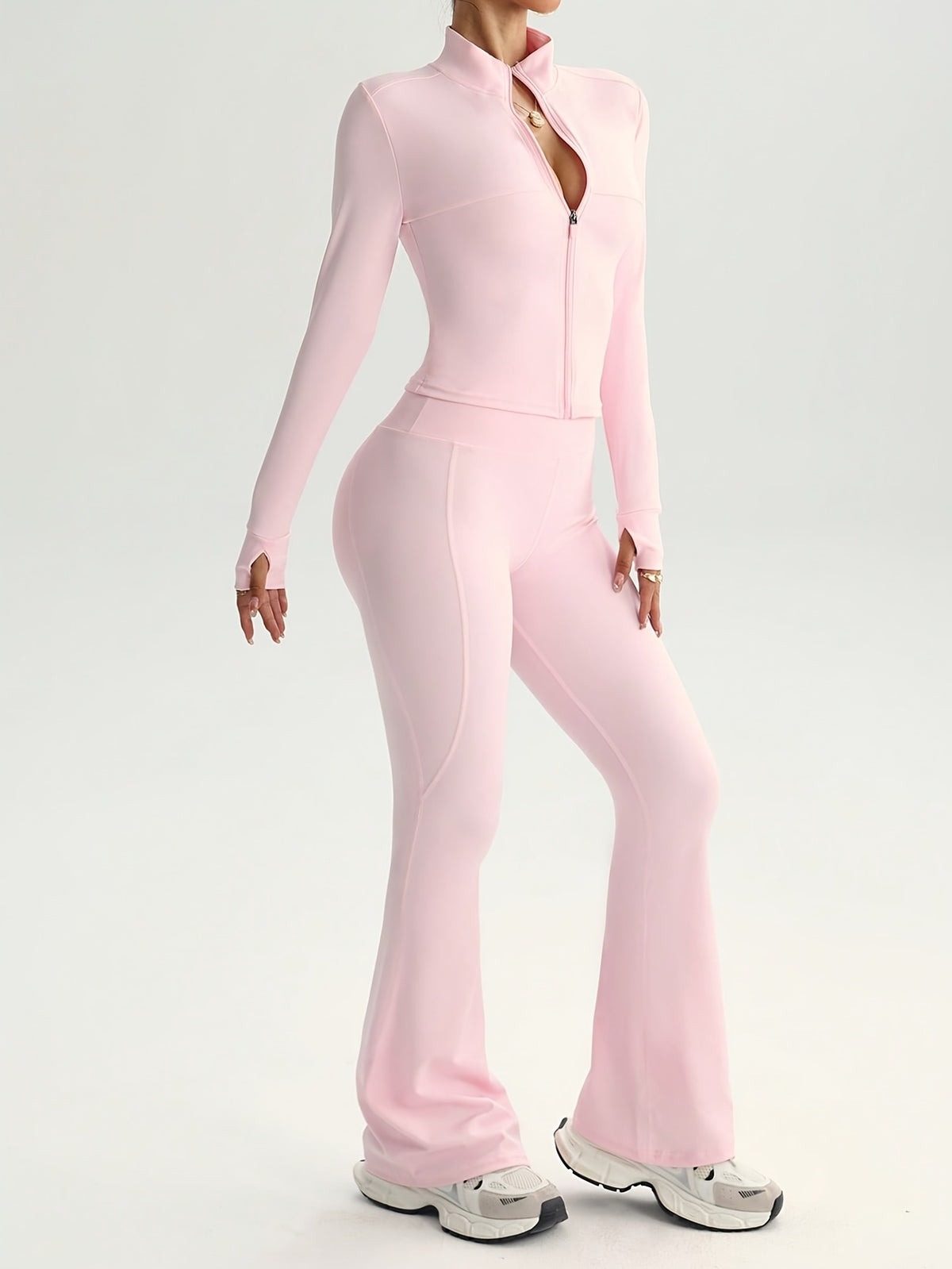 Long Sleeve Zip Flare Jumpsuit - Pink Red