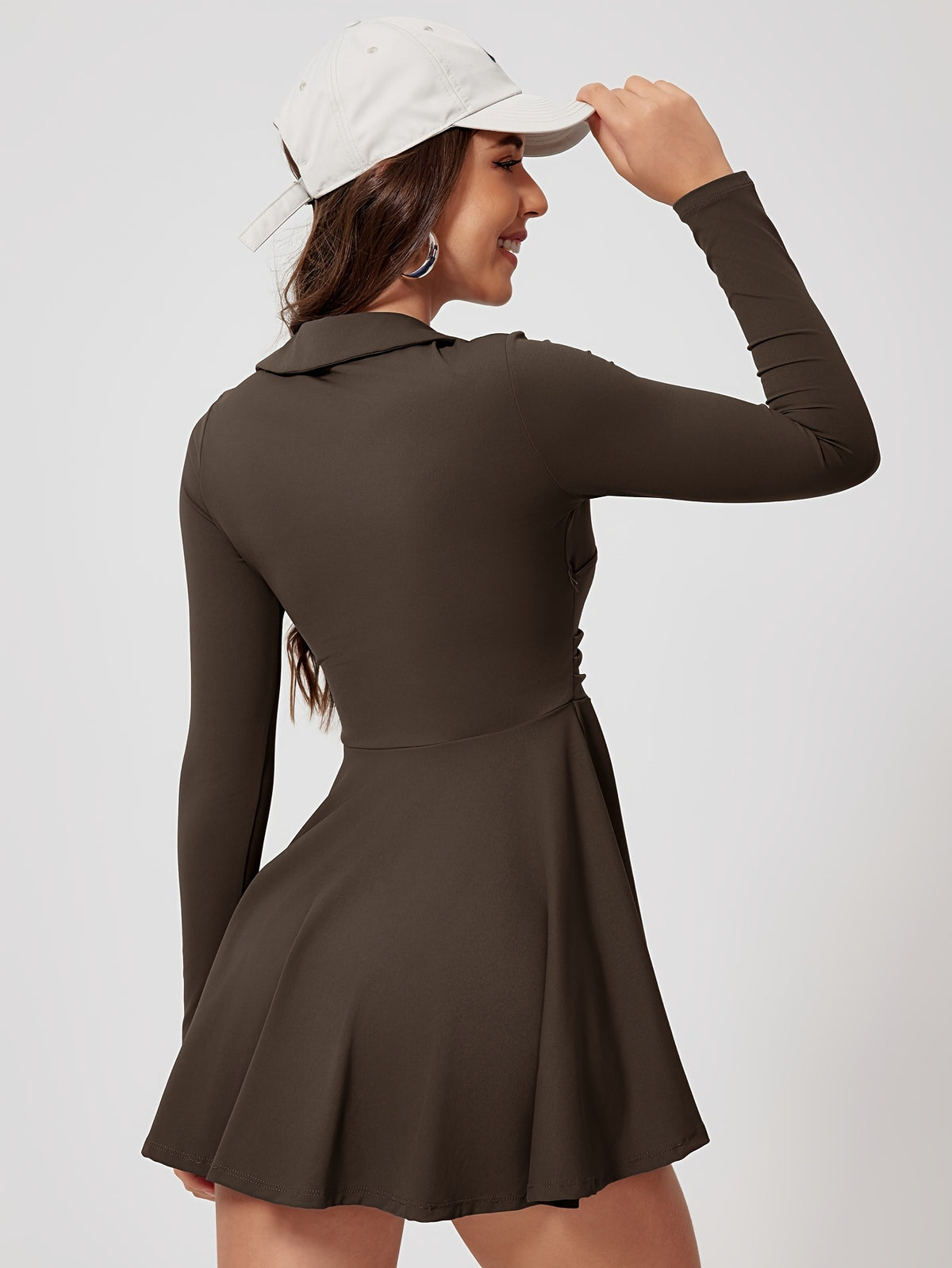 Long Sleeve Pleated Sports Dress - Coffee
