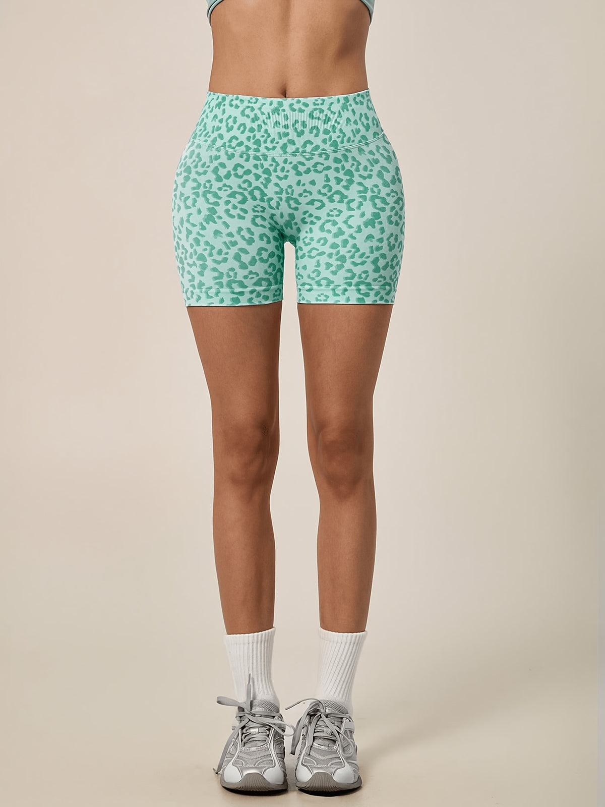 Leopard Seamless Ribbed Biker Shorts - Mint