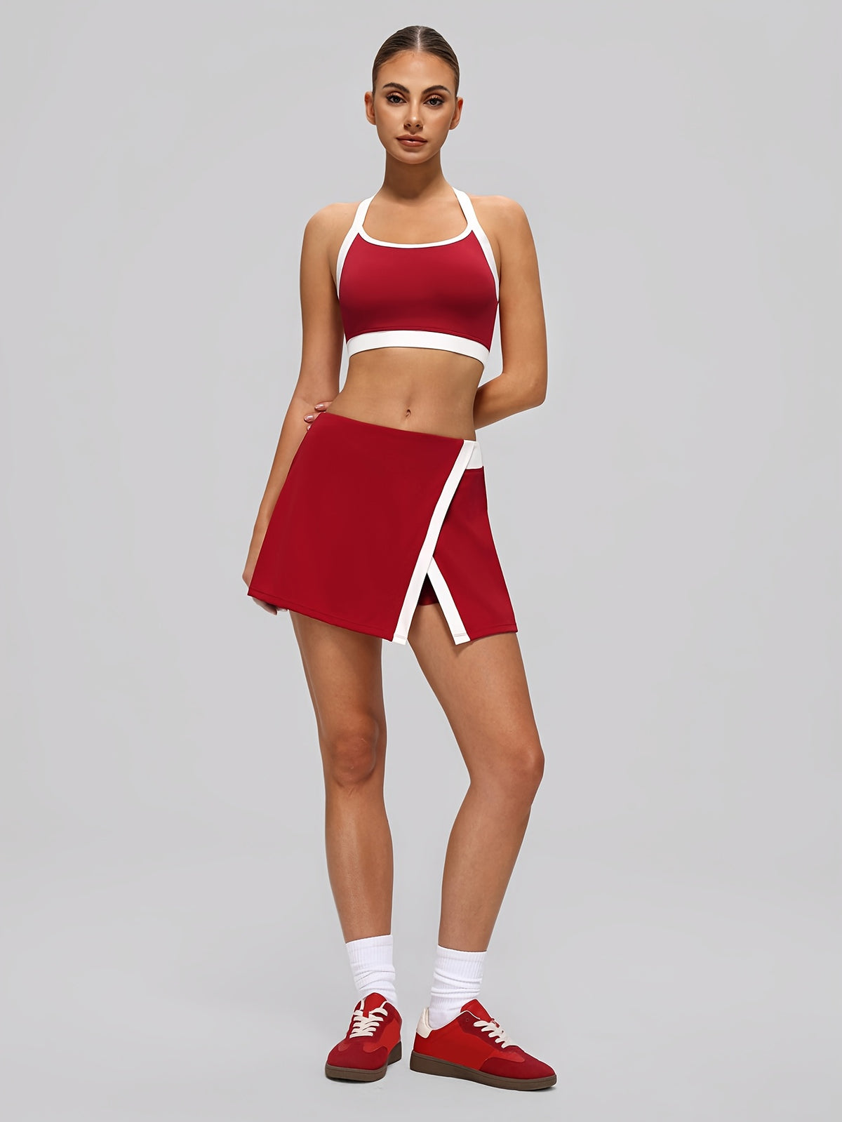 Tennis Bra & Slit Skirt Set - Red