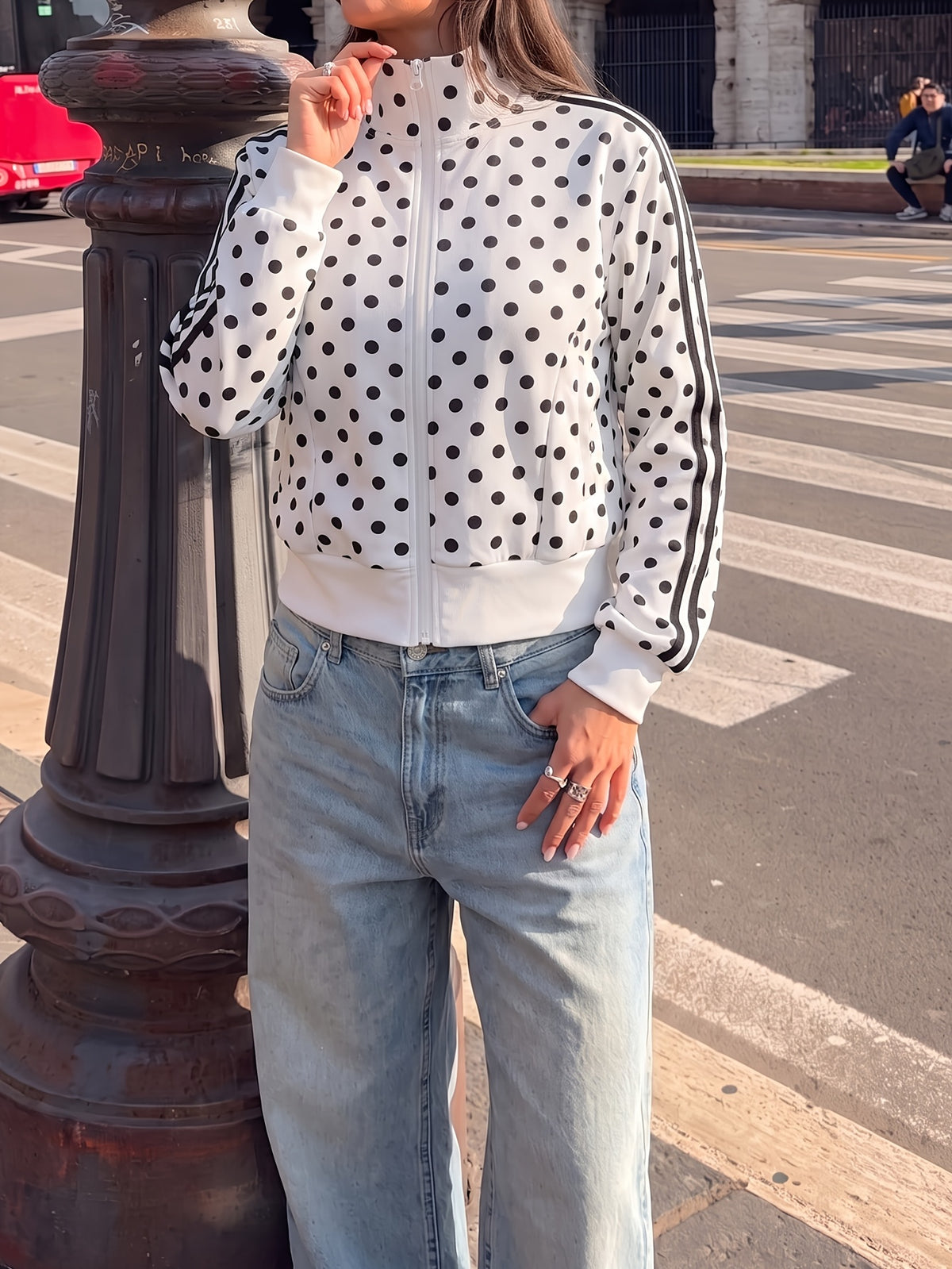 Polka Dot Stand Collar Zip Jacket - White