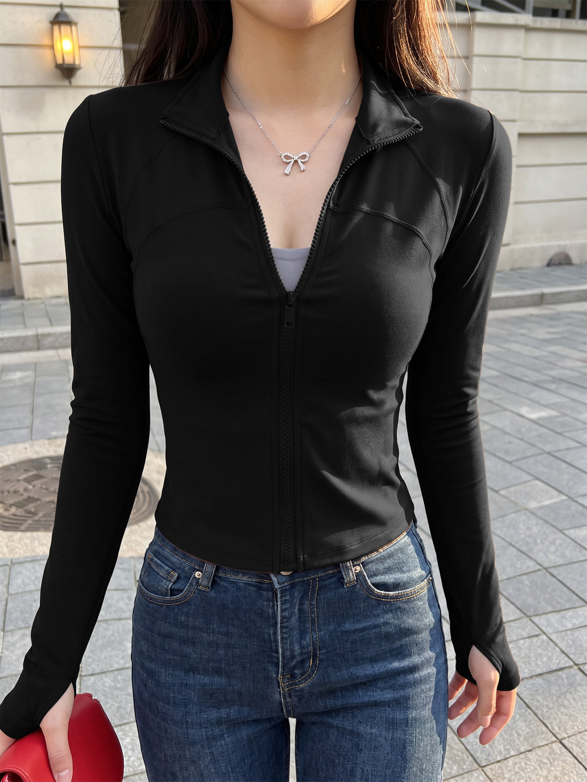 Stand Collar Thumb Button Zip Jacket - Black