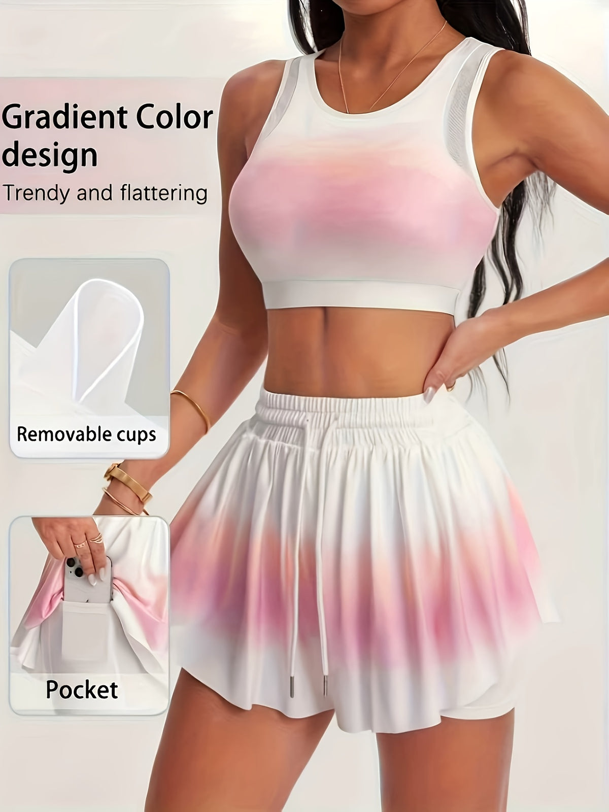 Mesh Panel Crop Bra Flowy Set - Pink And White Gradient