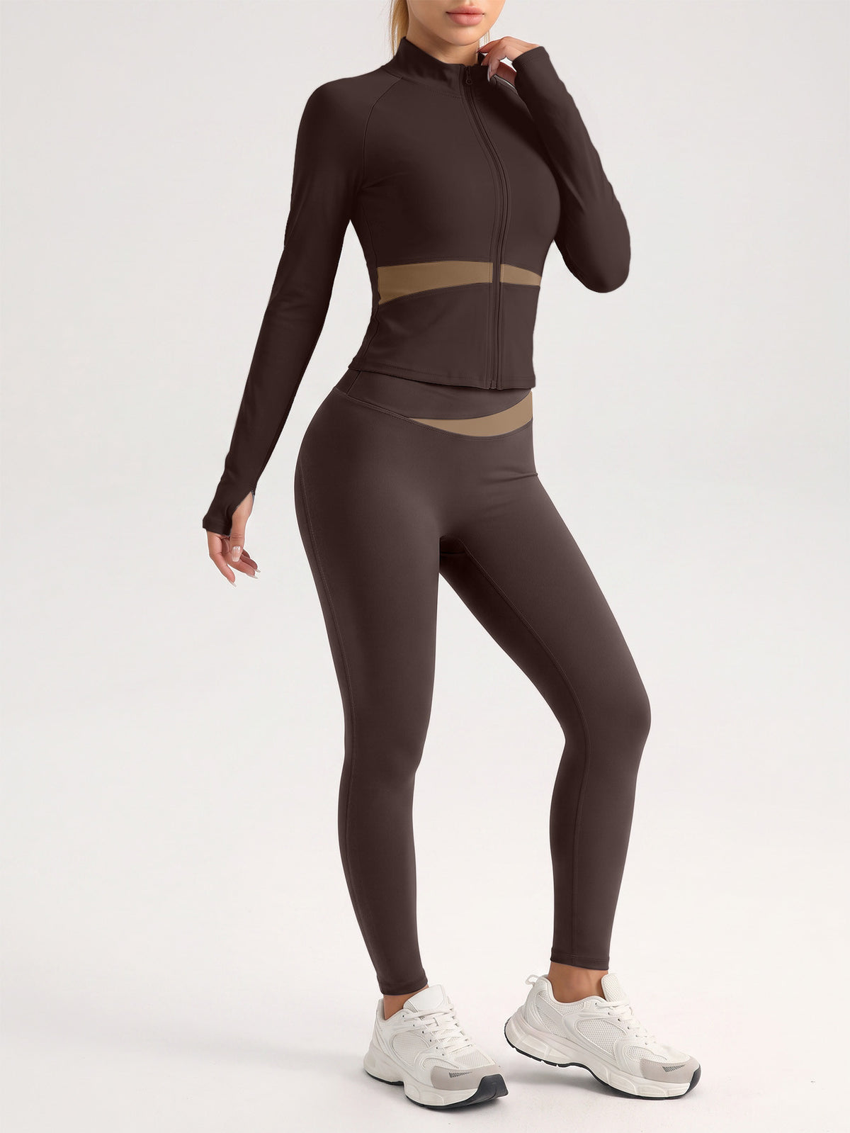Contrast Zip Jacket & Lifting Leggings Set - Brown