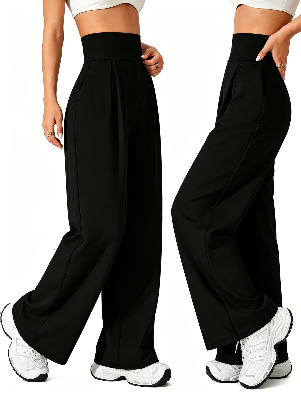 2 Pack Pleated Wide Leg Pocket Pants - Black