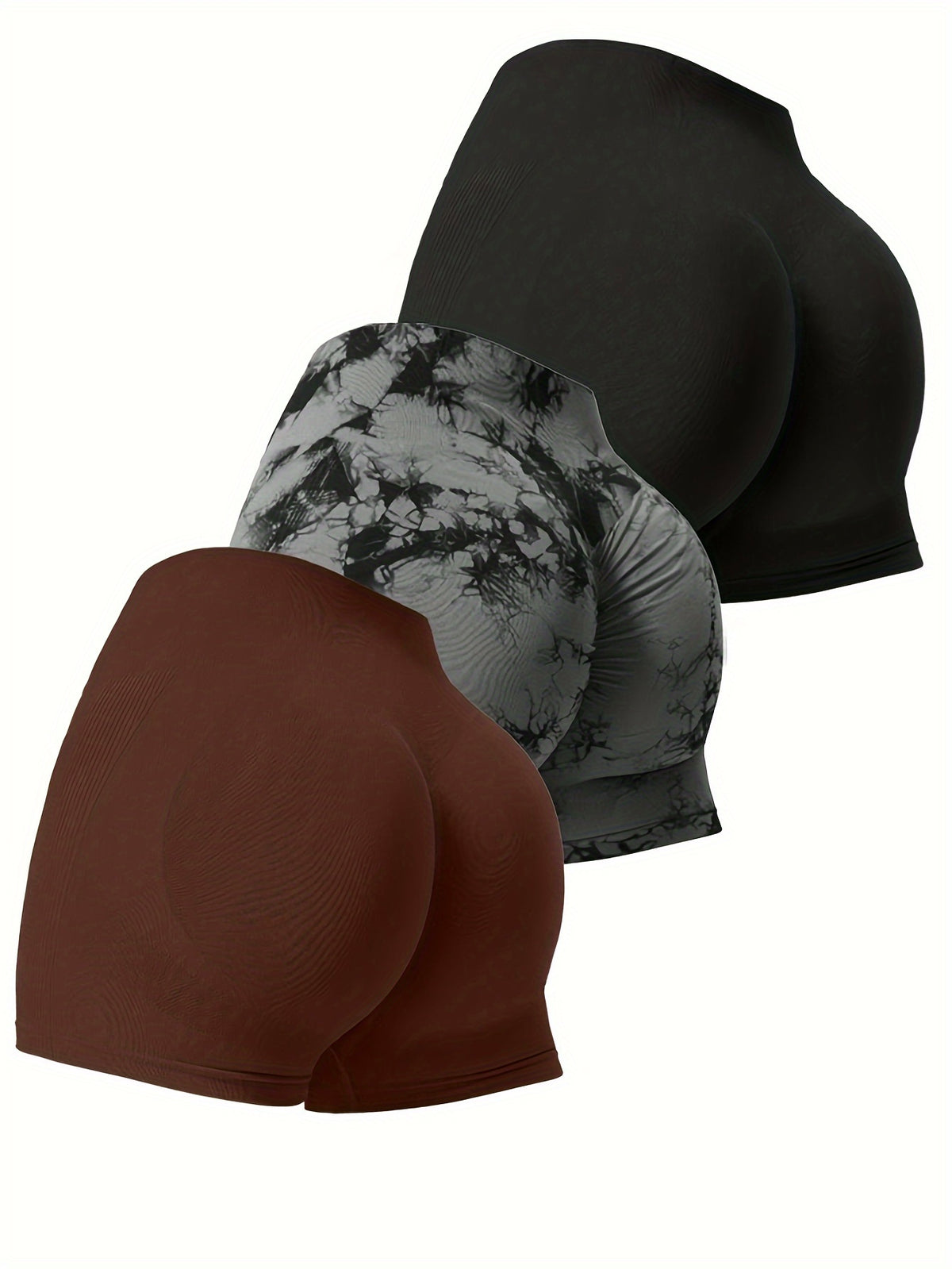 3 Pack Seamless Tie-Dye & Solid Shorts - Dark Brown, Black & Tie-Dye