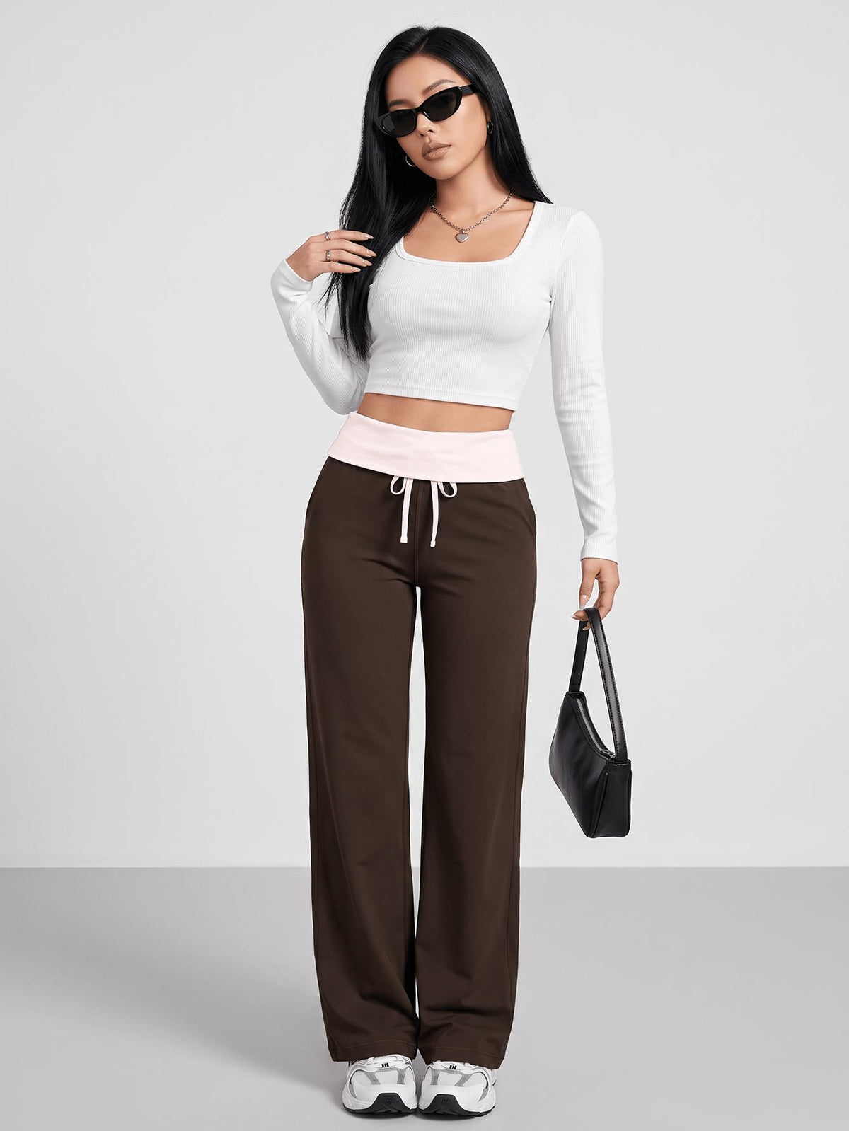 Ruffled Waist Drawstring Trousers - Coffee