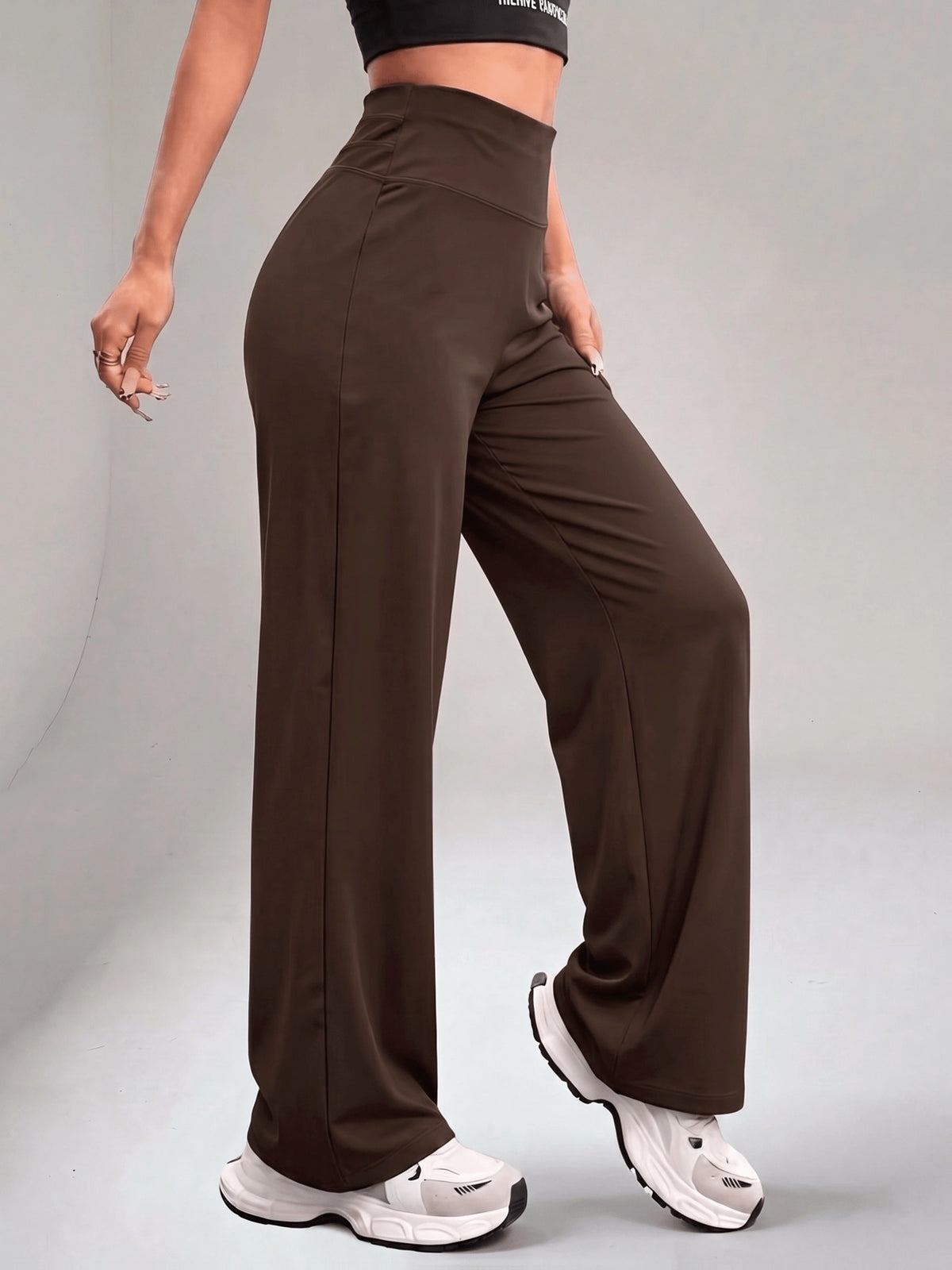 Wide Band Draped Straight Leg Pants - Coffee