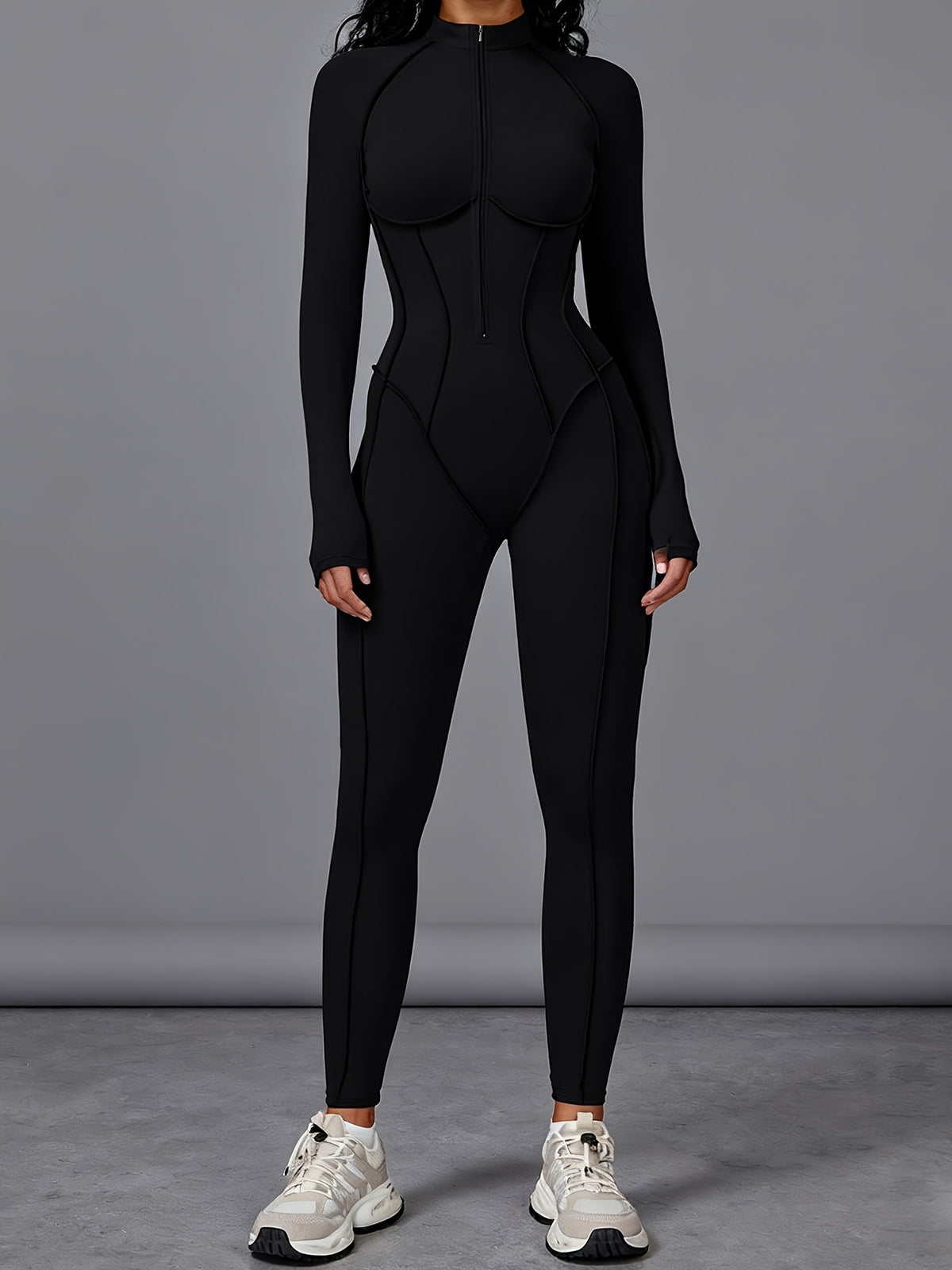 Half Zip Long Sleeve Jumpsuit - Black
