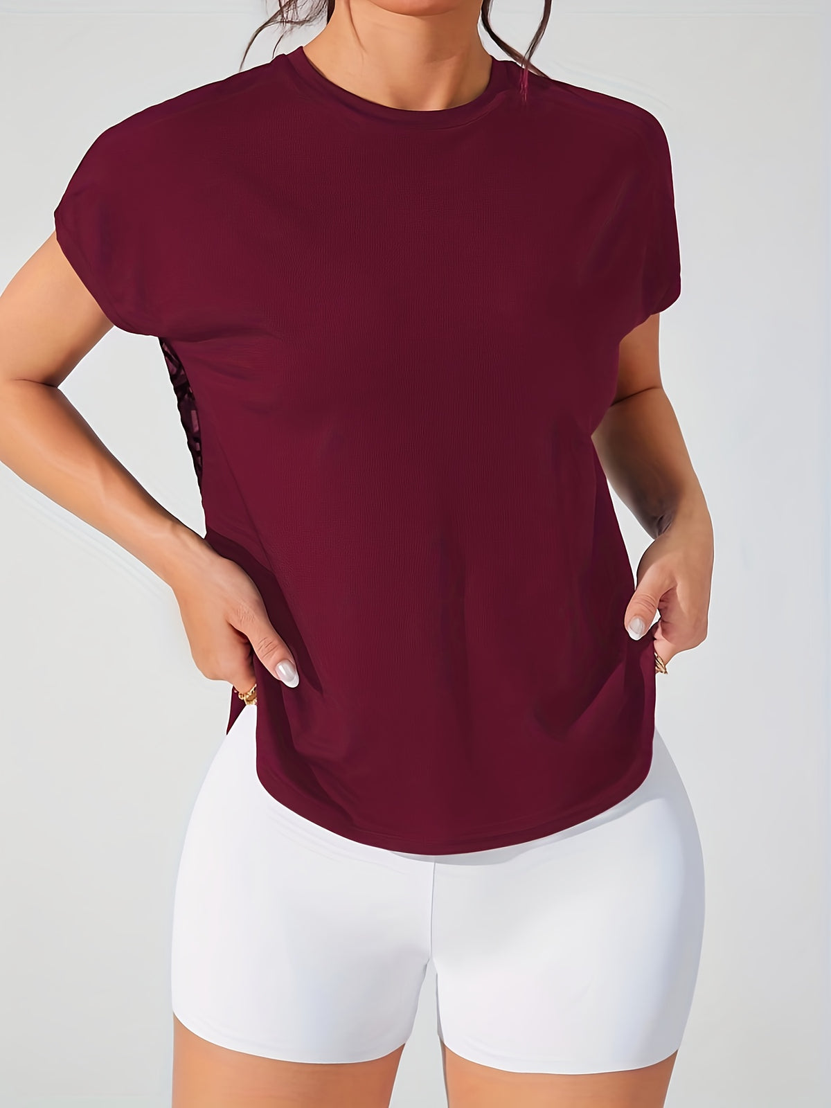 Geometric Mesh Back Sports Tee - Burgundy
